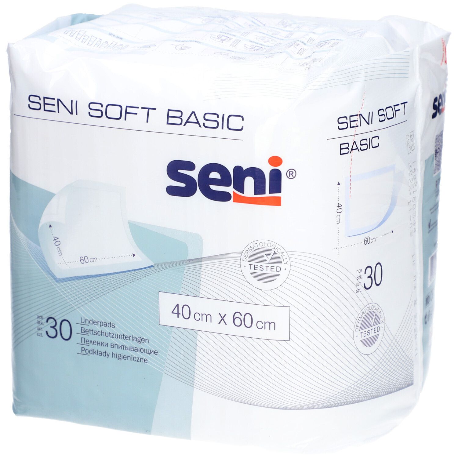 Emballage Seni Soft Basic. 30 unités, 40 x 60 cm. Logo et certification visibles.