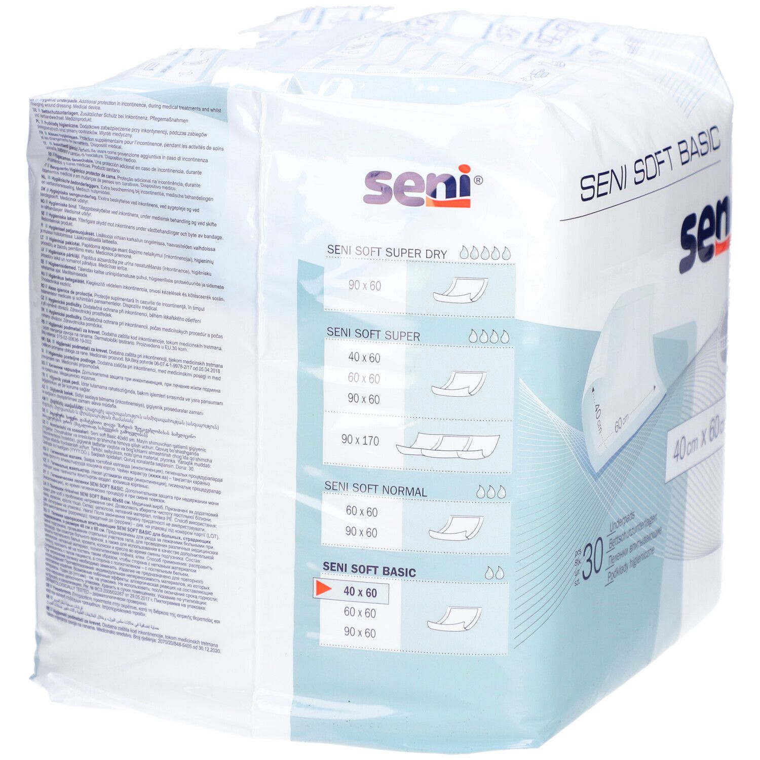 Emballage Seni Soft Basic. 30 unités, 40 x 60 cm. Aperçu des produits et logo.