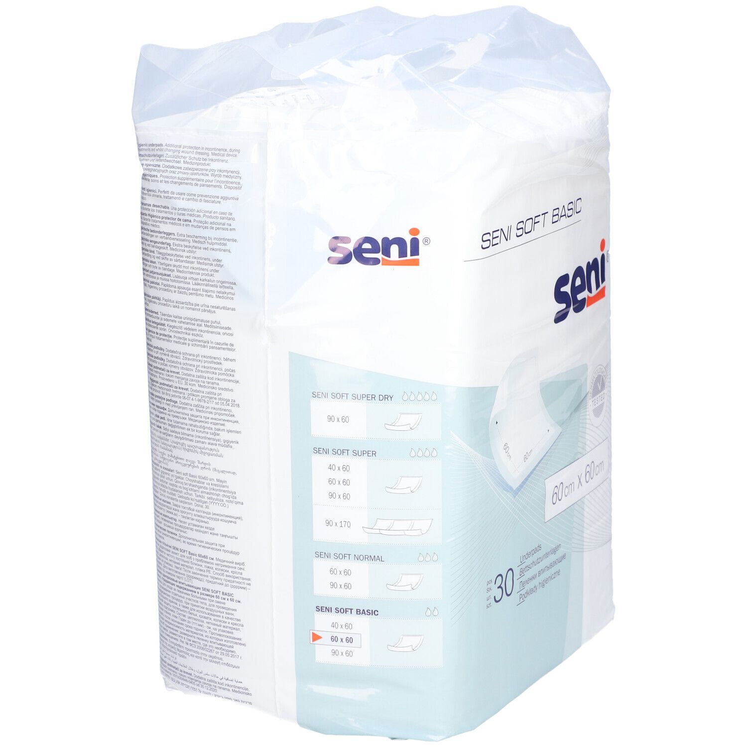 Verpakking SENI Soft Basic Unterlage. 60x60cm, 30 stuks. Merk SENI. Productoverzicht. Getest product.