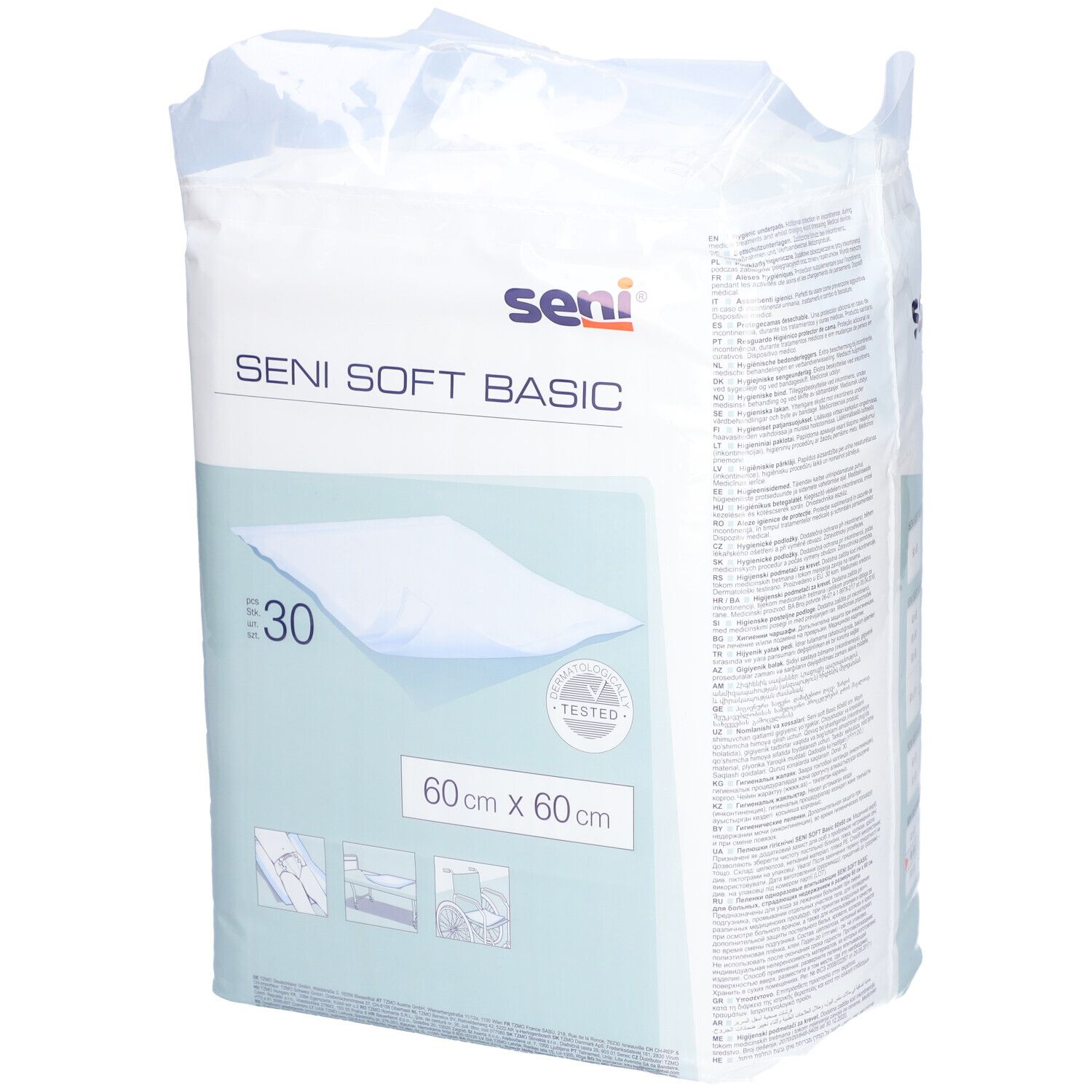 Verpakking SENI Soft Basic Unterlage. 60x60cm, 30 stuks. Merk SENI. Wit product, blauwe accenten. Getest product.