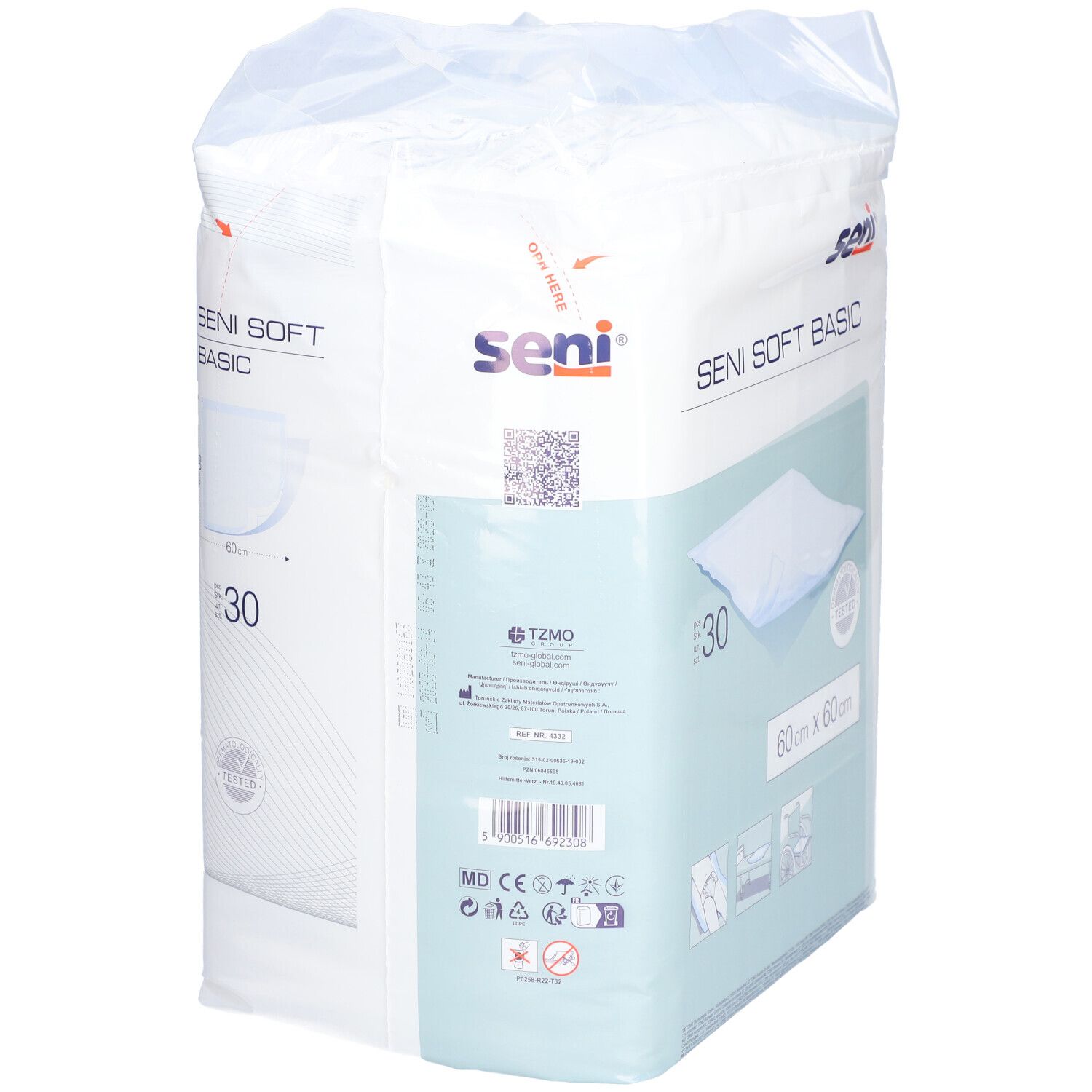 Verpakking SENI Soft Basic Unterlage. 60x60cm, 30 stuks. Merk SENI. Wit product, blauwe accenten. Getest product.