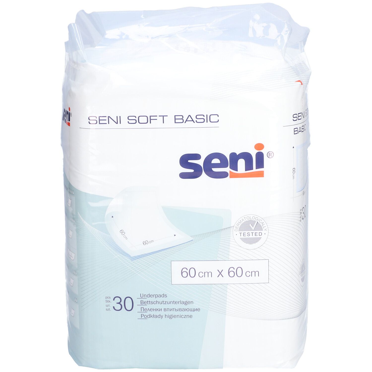 Verpakking SENI Soft Basic Unterlage. 60x60cm, 30 stuks. Merk SENI. Wit product, blauwe accenten. Getest product.