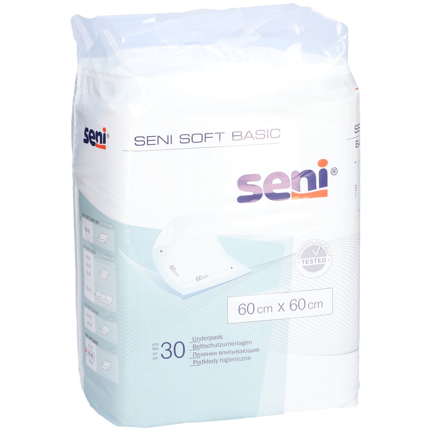 Verpakking SENI Soft Basic Unterlage. 60x60cm, 30 stuks. Merk SENI. Wit product, blauwe accenten. Getest product.