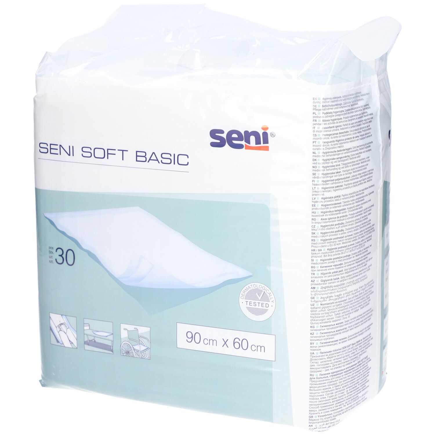 Paquet de protections de lit Seni Soft Basic. Dimensions 90 x 60 cm. 30 unités. Marque Seni.