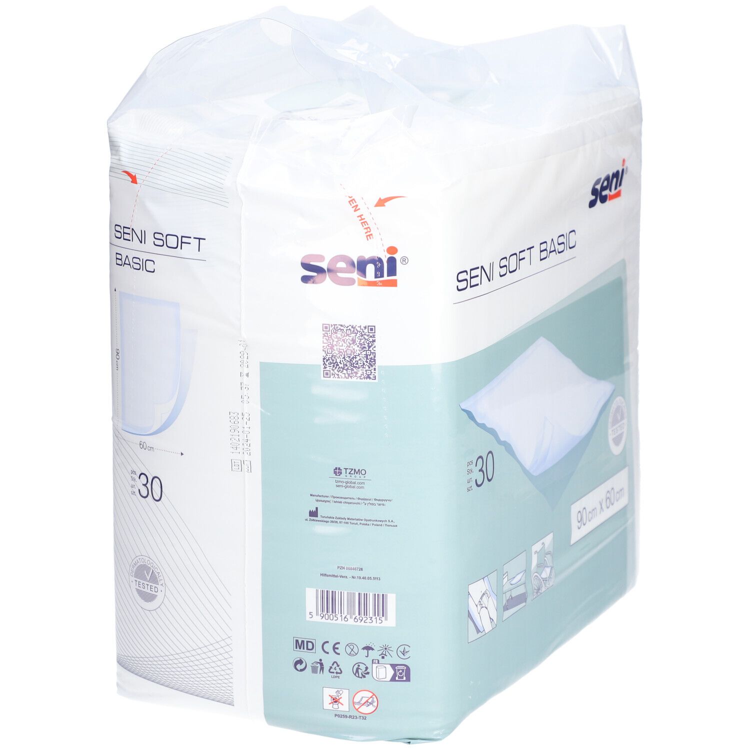 Paquet de protections de lit Seni Soft Basic. Dimensions 90 x 60 cm. 30 unités. Marque Seni.