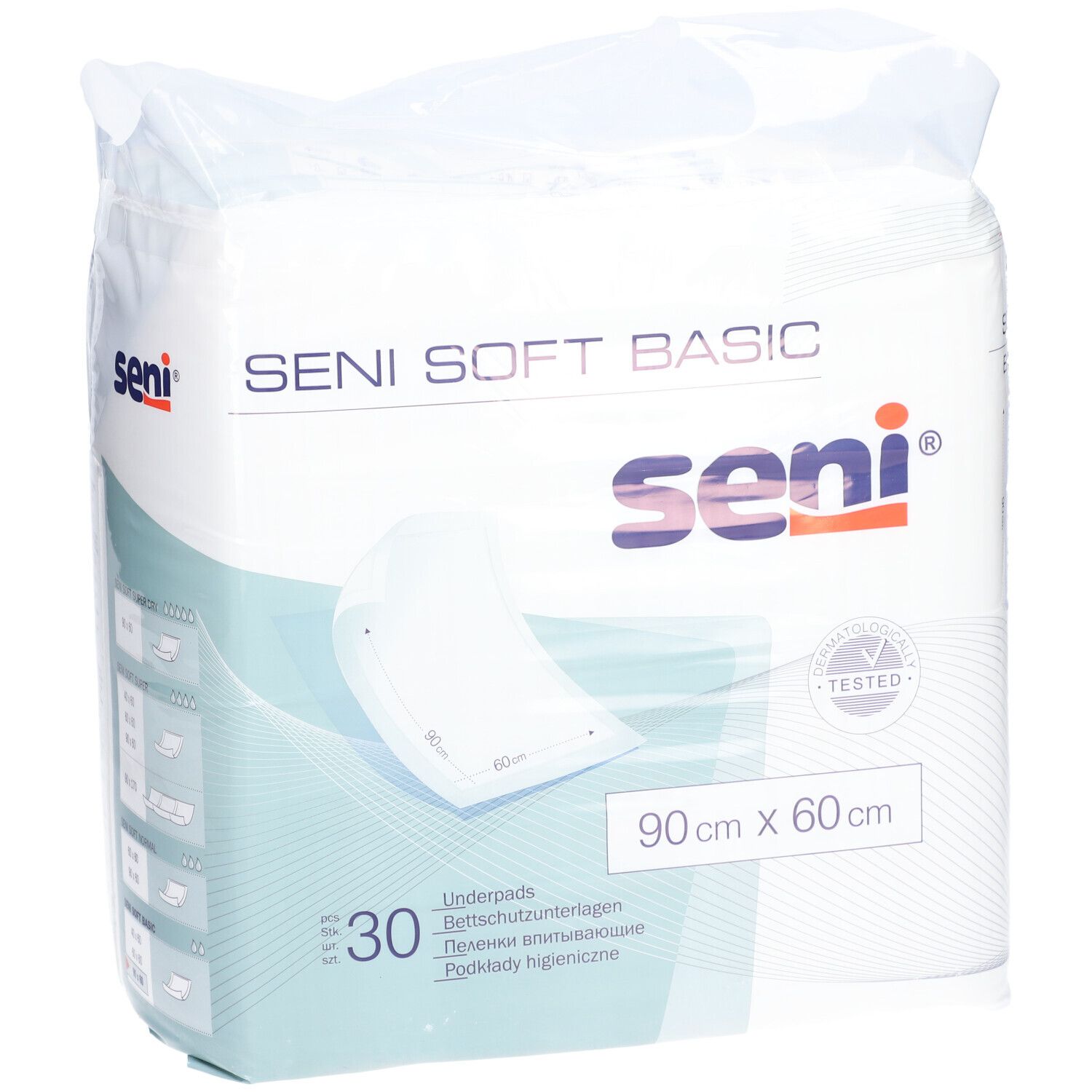 Paquet de protections de lit Seni Soft Basic. Dimensions 90 x 60 cm. 30 unités. Marque Seni.
