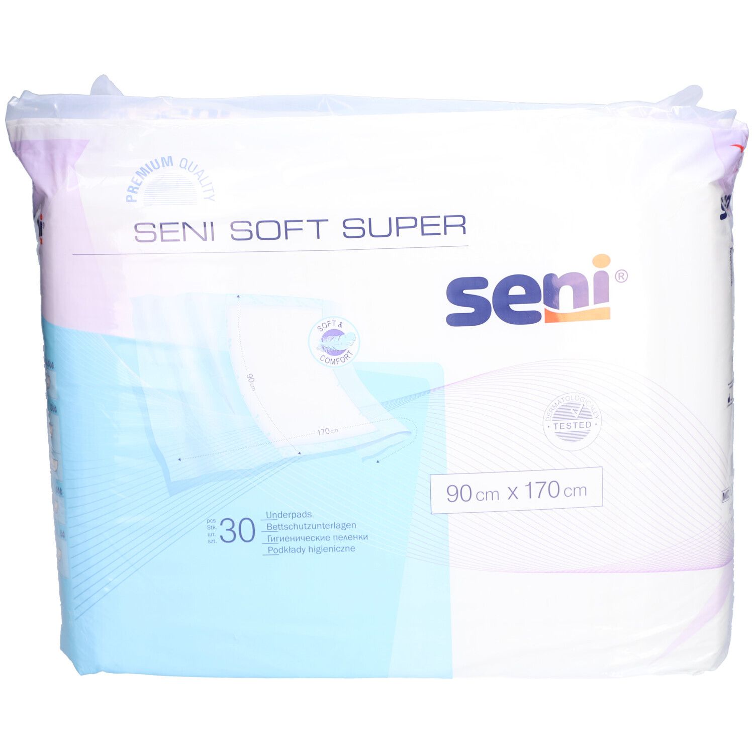 Emballage Seni Soft Super. Contient 30 unités. Dimensions 90 x 170 cm. Marque Seni. Avec label qualité.