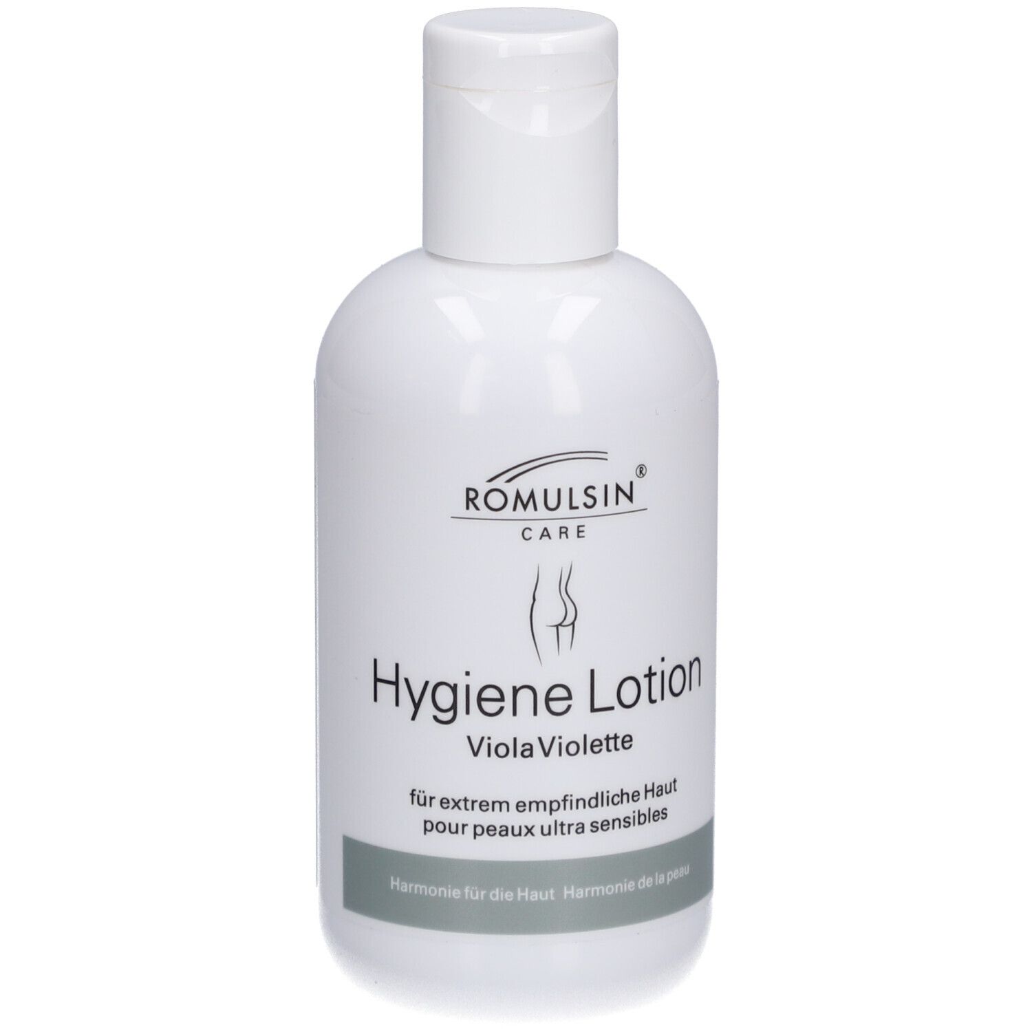 Witte fles met Hygiene Lotion. Opschrift: ROMULSIN CARE, Hygiene Lotion, Viola Violette. Voor extreem gevoelige huid. Grijze streep.