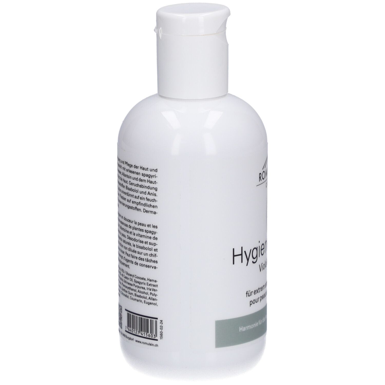 Witte fles met Hygiene Lotion. Achterkant met tekst. Opschrift: ROMULSIN CARE, Hygiene Lotion, Viola Violette. Voor extreem gevoelige huid.