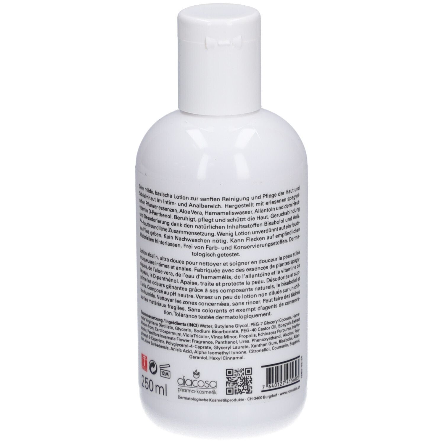 Witte fles met Hygiene Lotion. Achterkant met tekst en ingrediënten. Opschrift: diacosa pharma cosmetic, 250ml.
