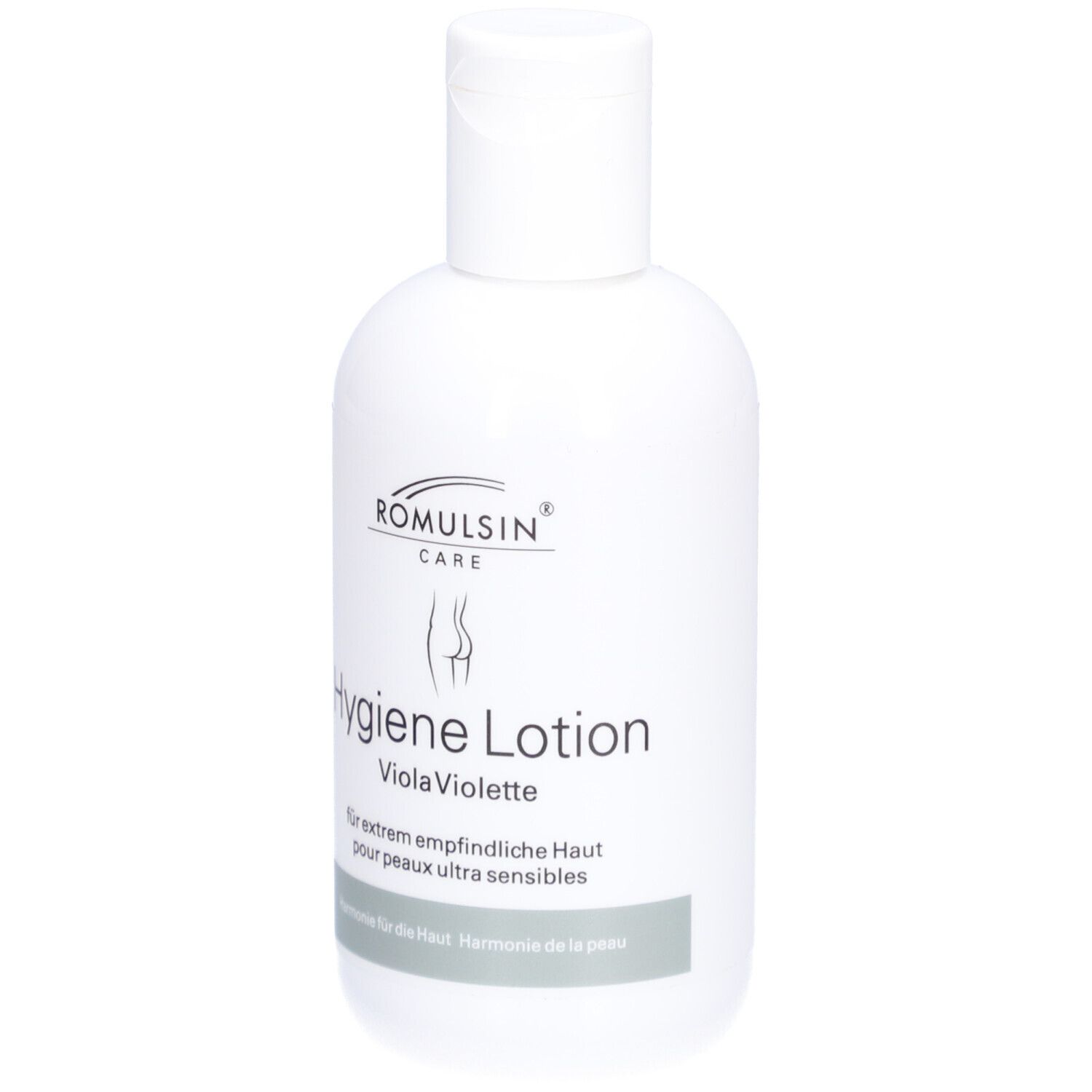Witte fles met Hygiene Lotion. Opschrift: ROMULSIN CARE, Hygiene Lotion, Viola Violette. Voor extreem gevoelige huid. Grijze streep.