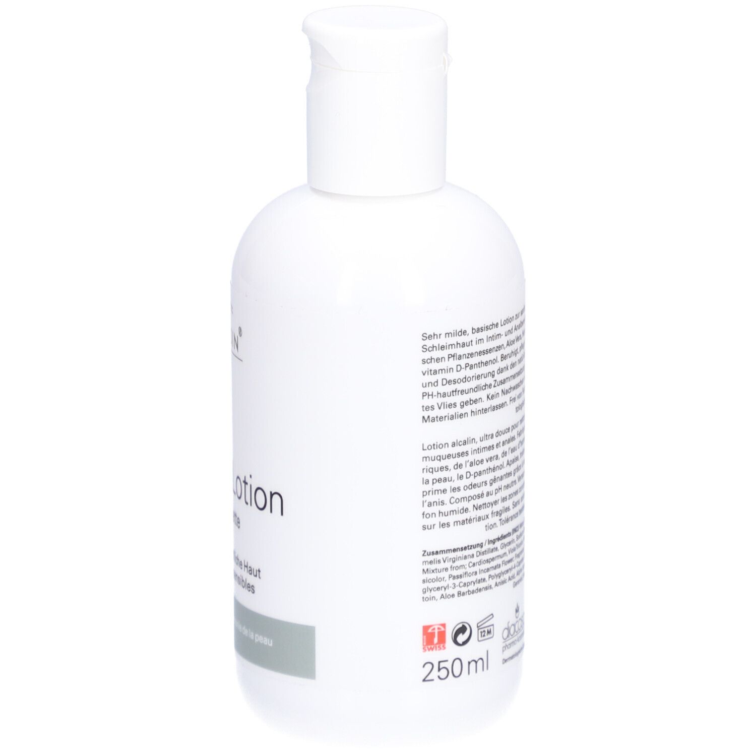 Witte fles met Hygiene Lotion. Achterkant met tekst. Opschrift: diacosa pharma cosmetic, 250ml. Met symbolen.