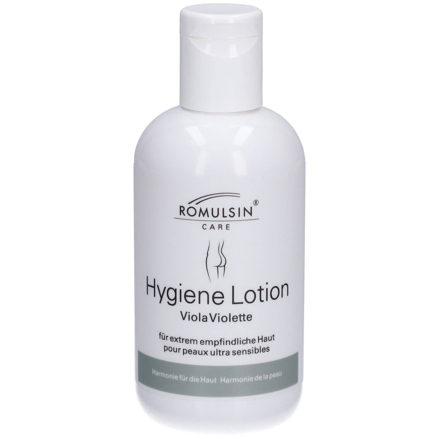 Witte fles met Hygiene Lotion. Opschrift: ROMULSIN CARE, Hygiene Lotion, Viola Violette. Voor extreem gevoelige huid.