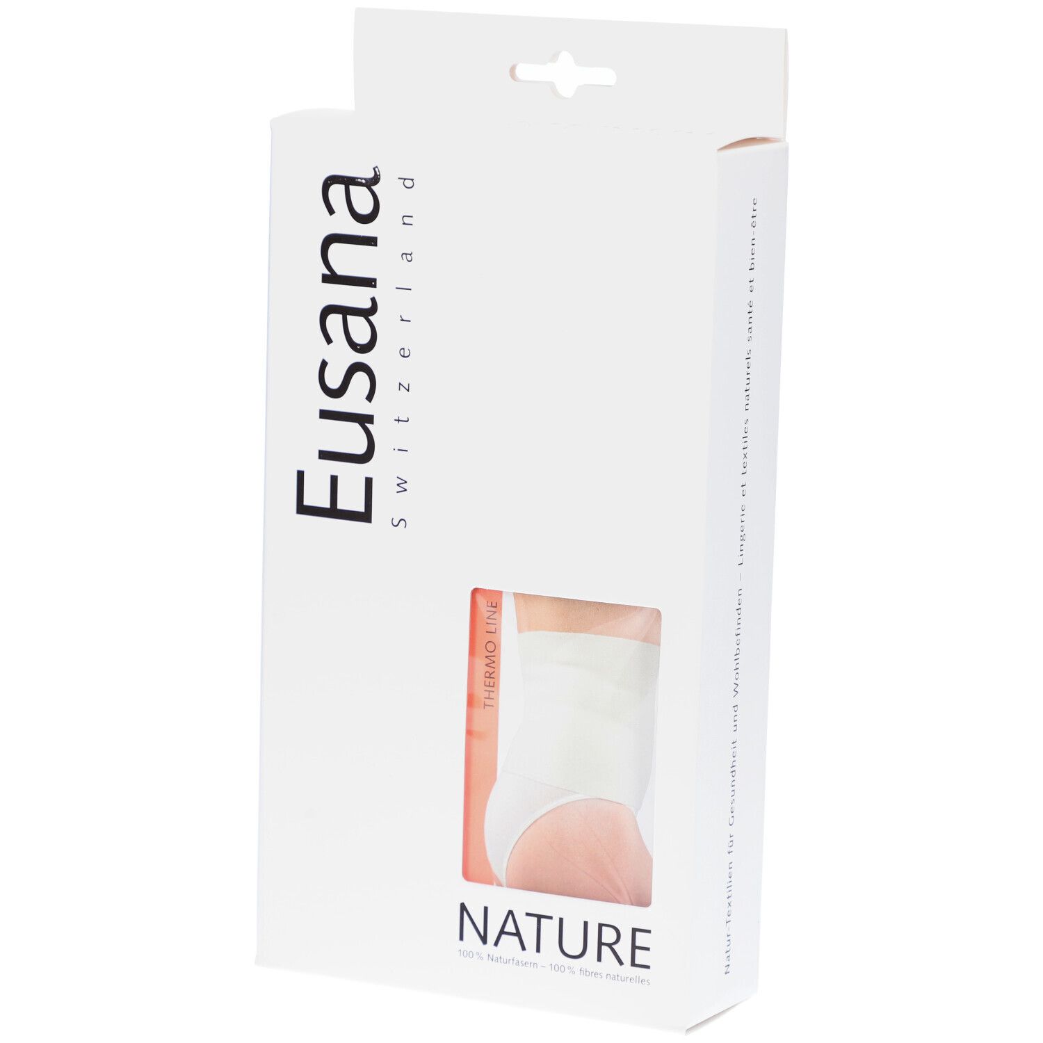 Witte productverpakking met venster. Eusana-logo en "NATURE" tekst. Product zichtbaar door venster.