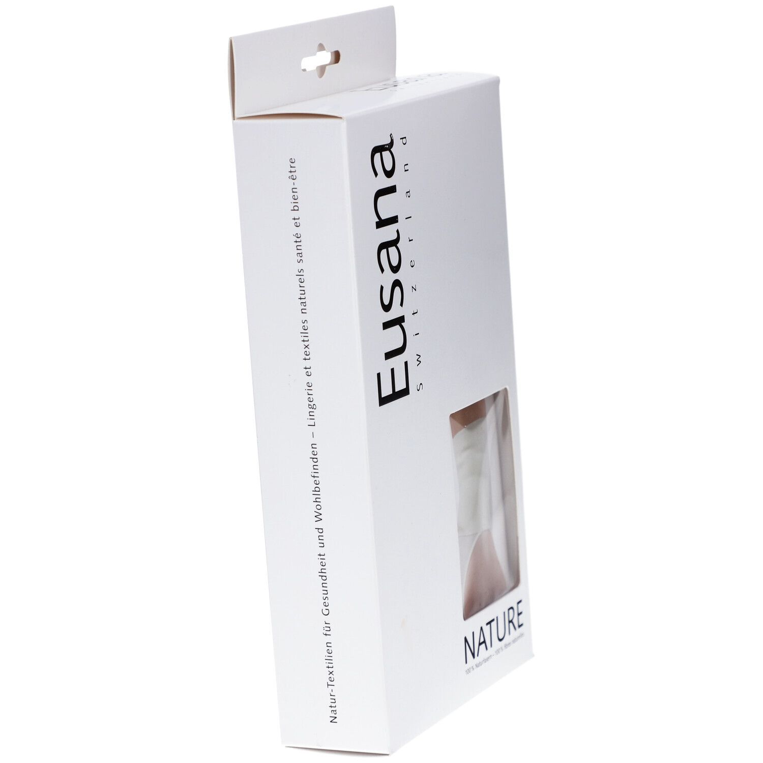 Schuine productverpakking. Eusana-logo en "NATURE" tekst. Venster toont product. Tekst: Natuurlijke textiel voor gezondheid.