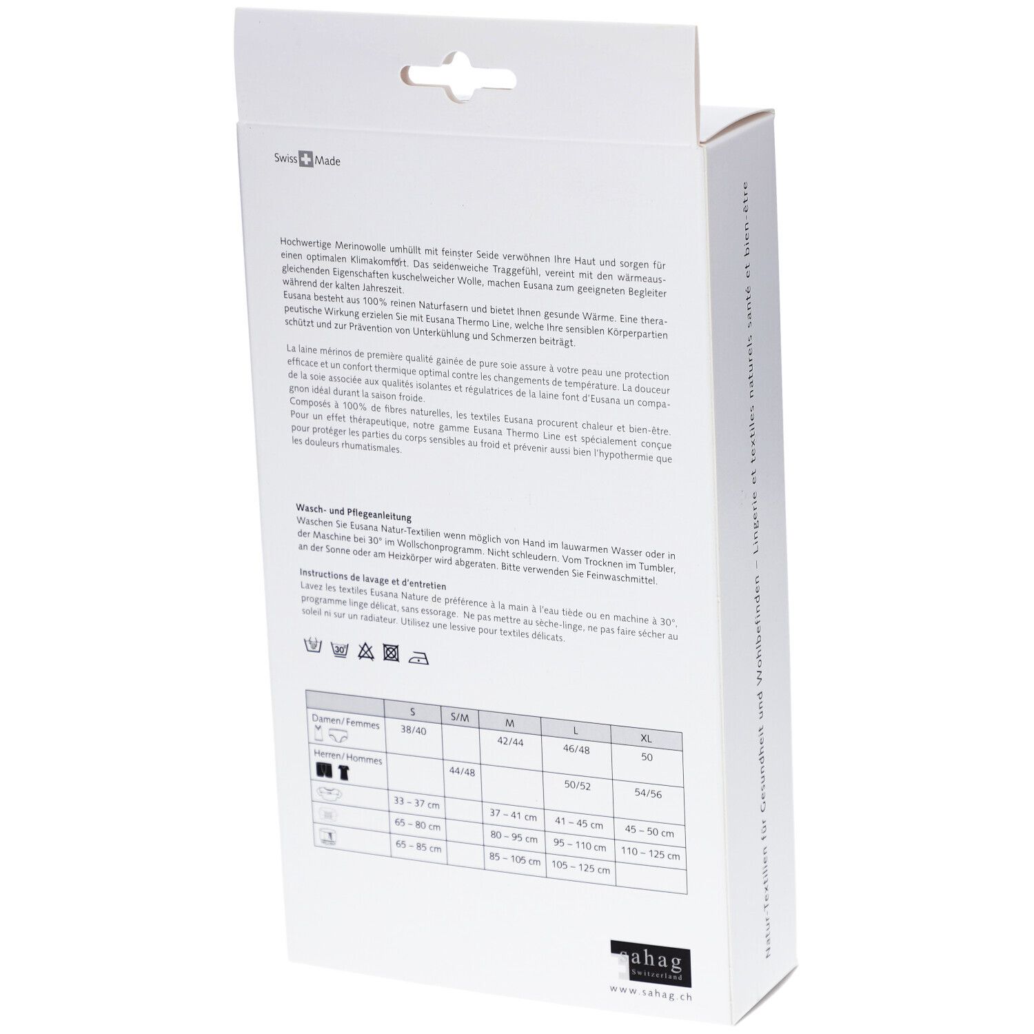 Achterkant van de verpakking. Meertalige tekst. Maatinformatie en onderhoudsinstructies. "Swiss Made" logo.