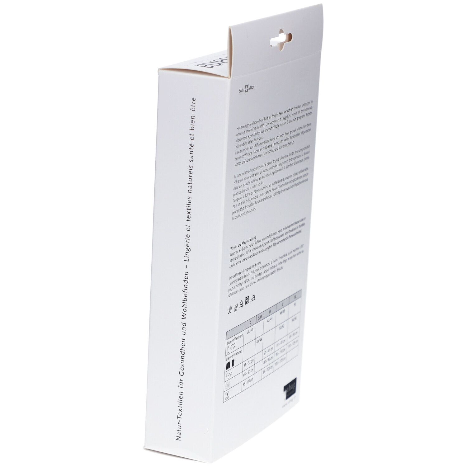 Schuine productverpakking. Tekst en maten op de achterkant. "Swiss Made" logo.