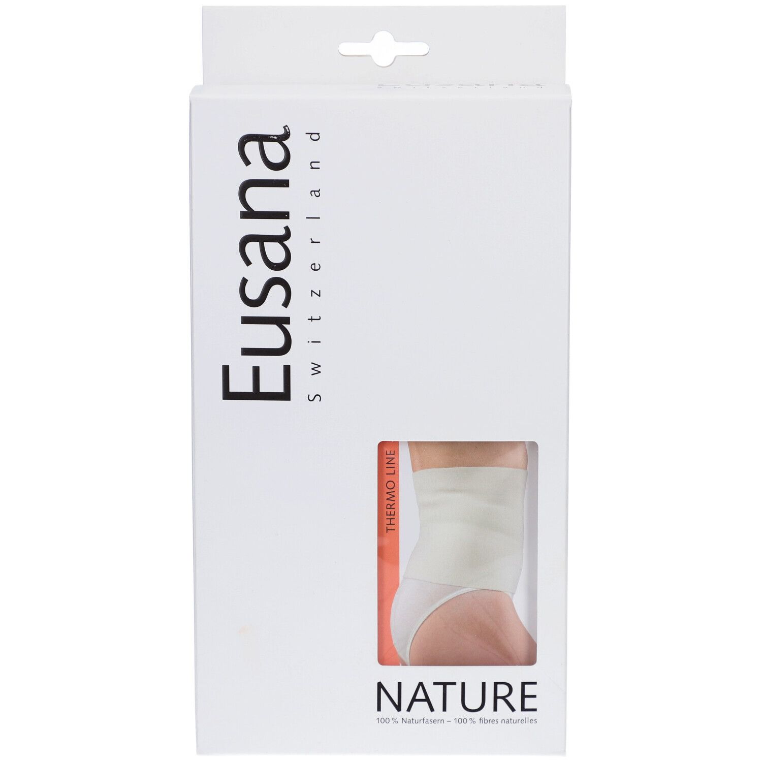 Witte productverpakking met venster. Eusana-logo en "NATURE" tekst. Product zichtbaar door venster.
