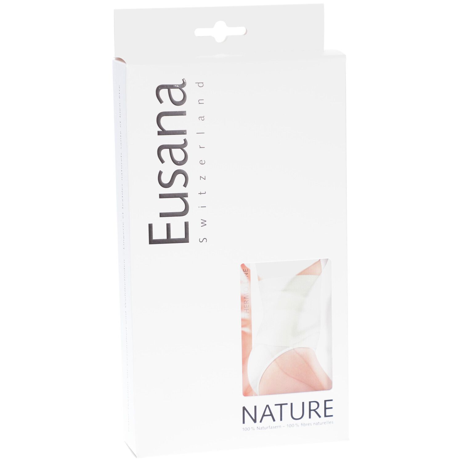 Witte productverpakking met venster. Eusana-logo en "NATURE" tekst. Product zichtbaar door venster.