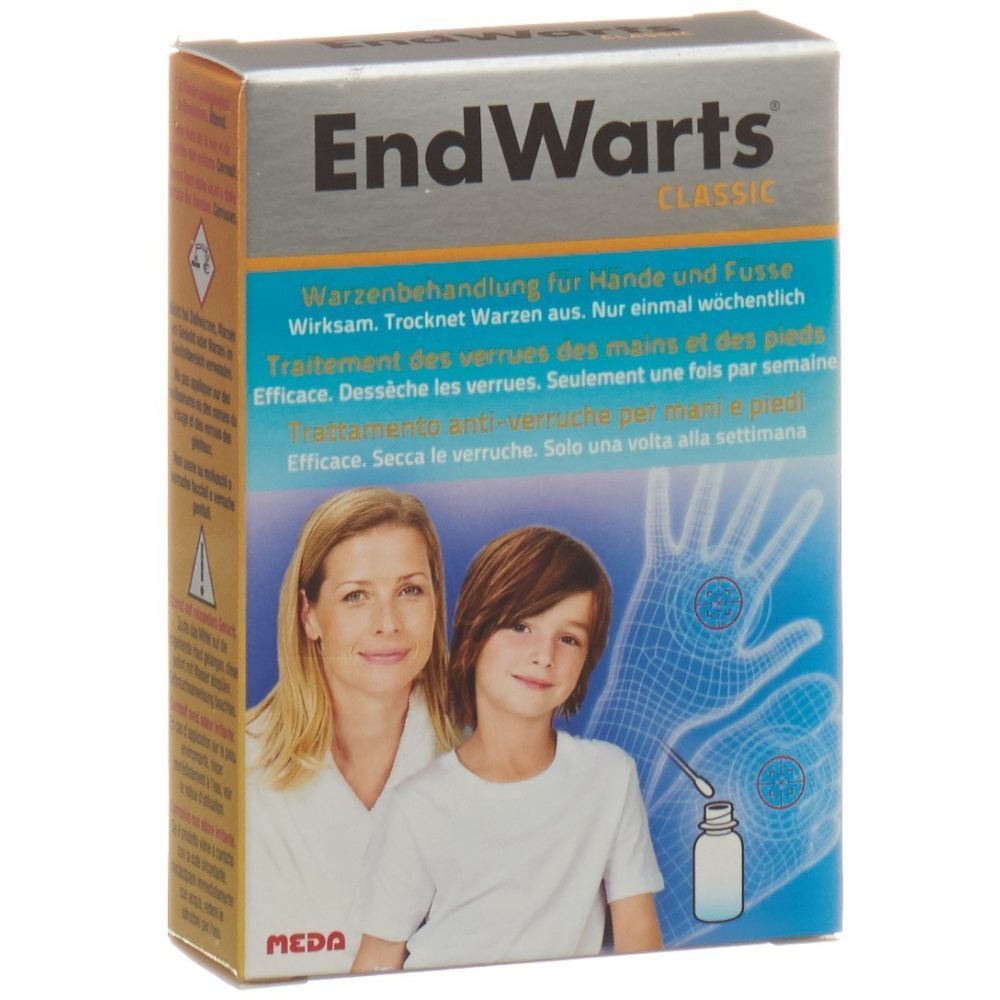 Verpakking van EndWarts Classic. Bevat een flesje en een applicator. Op de verpakking staan een vrouw en een kind afgebeeld.