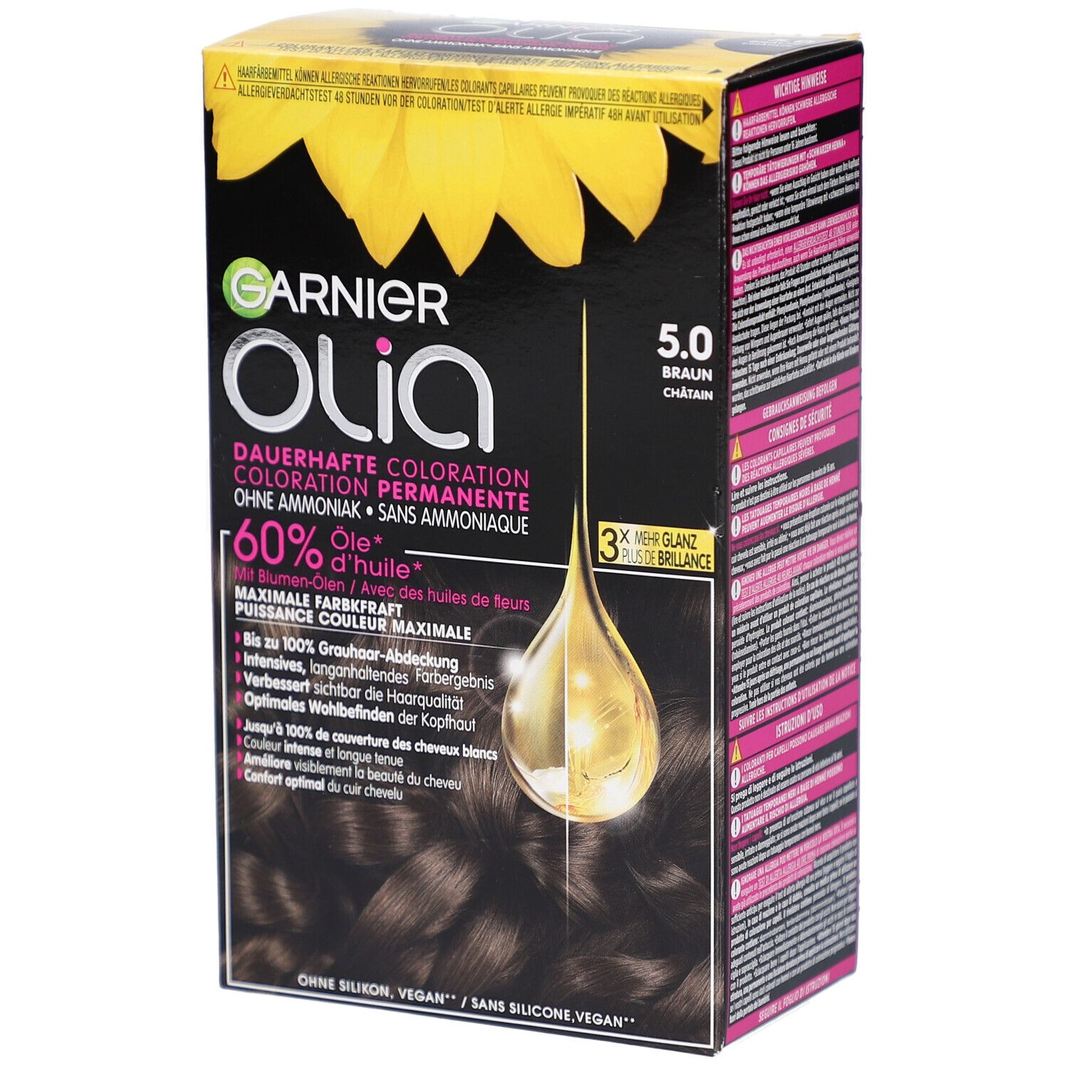 Garnier Olia 5.0 Châtain. Zwarte verpakking met zonnebloem. Productinformatie en bloemenolie.