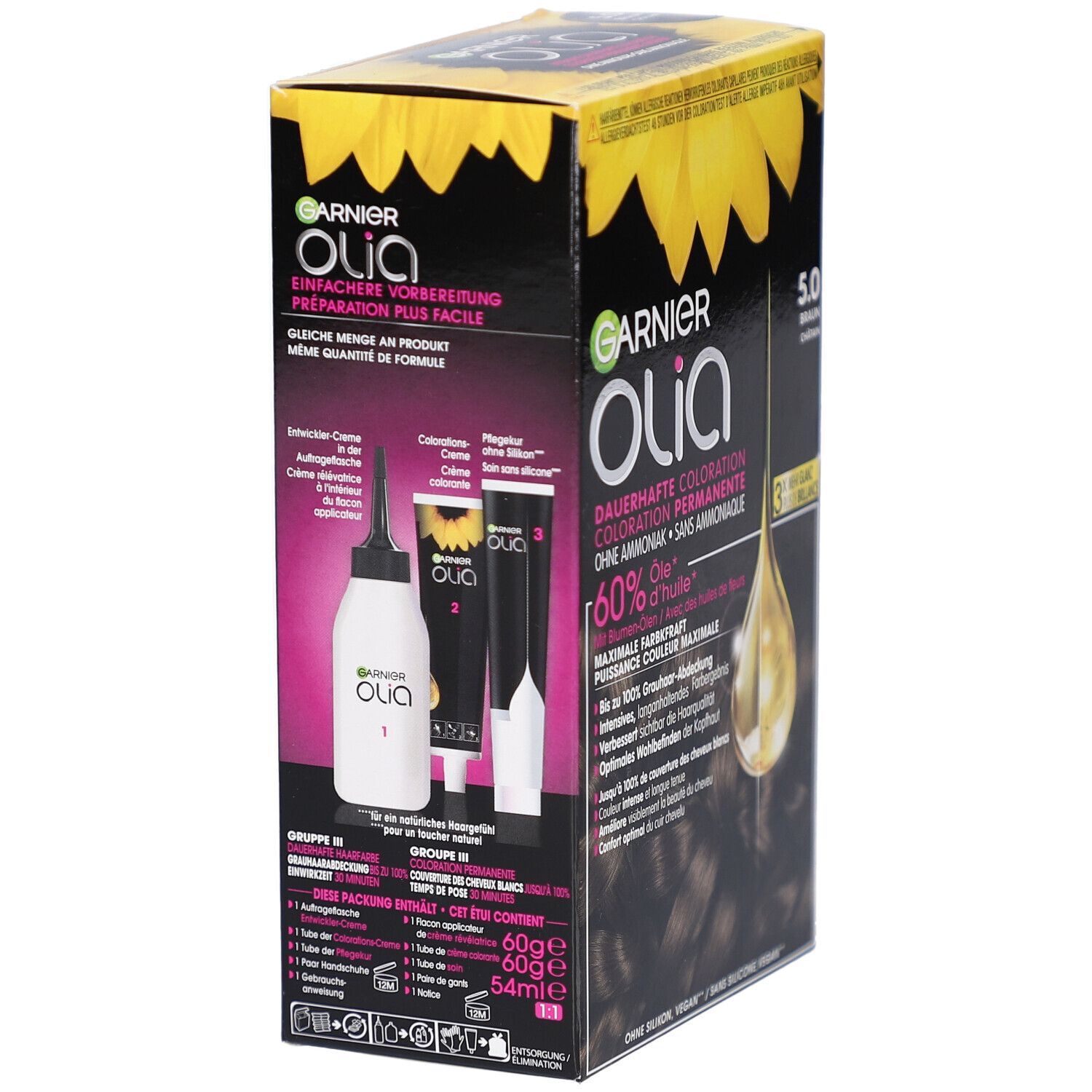 Garnier Olia verpakking. Fles, applicator en tubes. Productinformatie en ingrediënten.