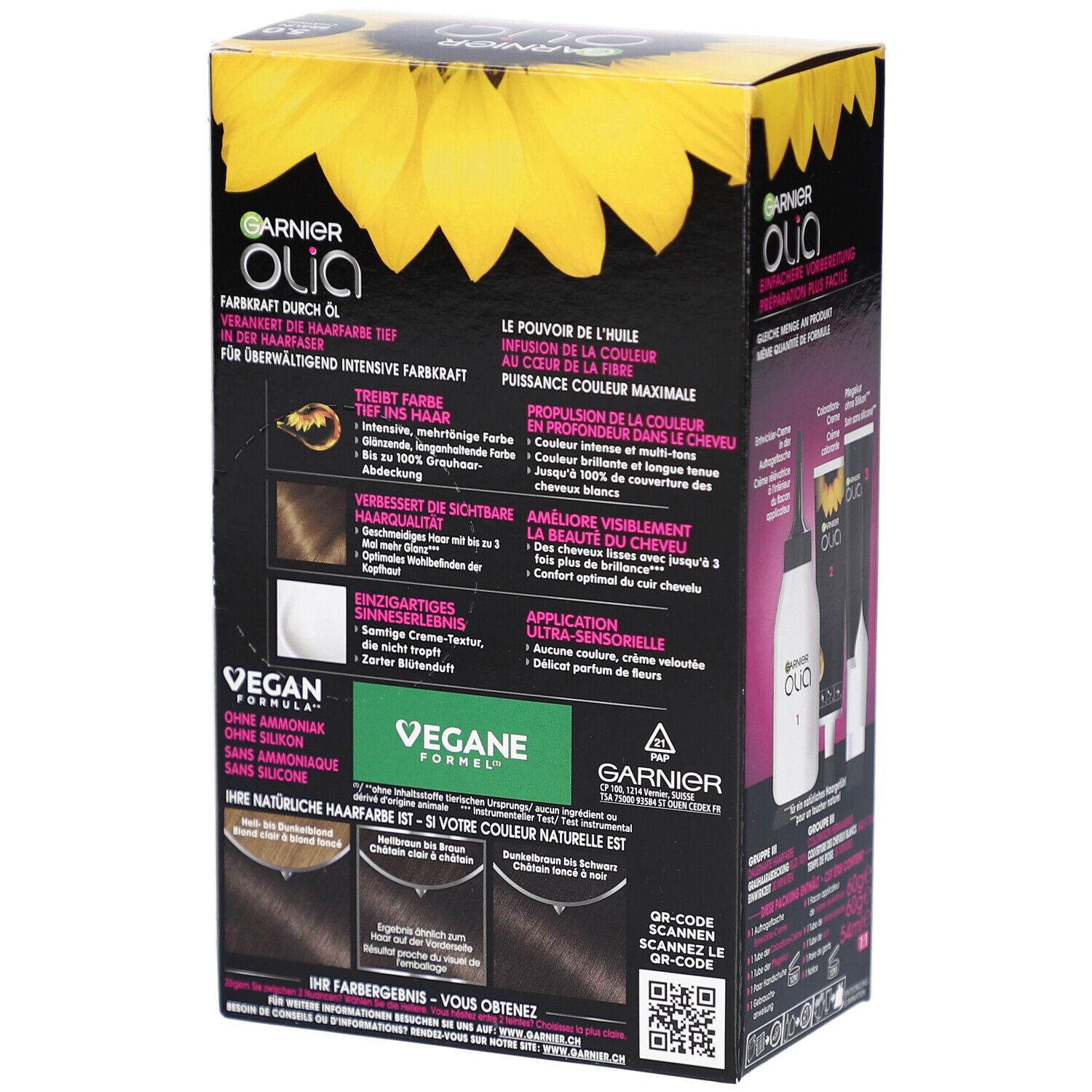 Garnier Olia verpakking. Achterkant met info, ingrediënten en Vegan logo.