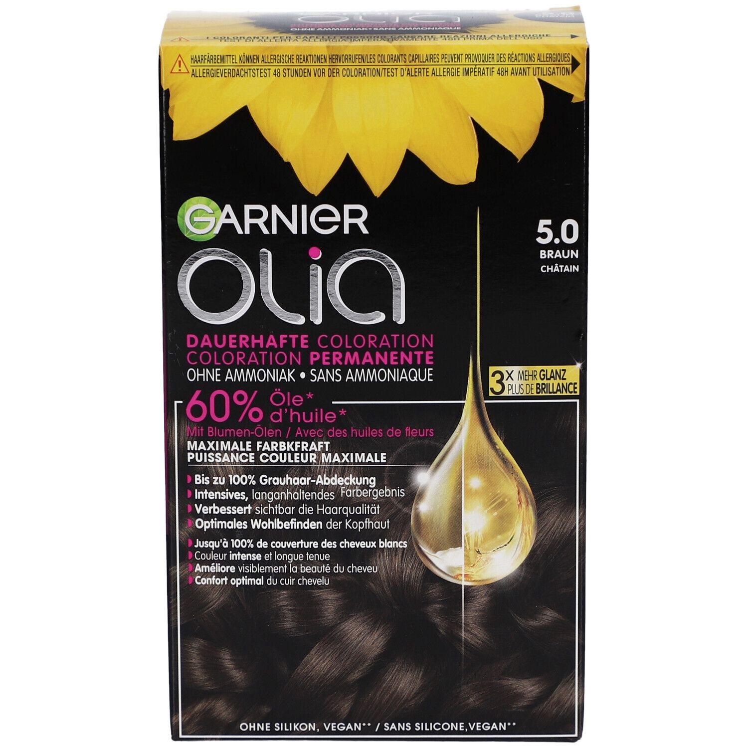 Garnier Olia 5.0 Châtain. Zwarte verpakking met zonnebloem. Productinformatie en bloemenolie.