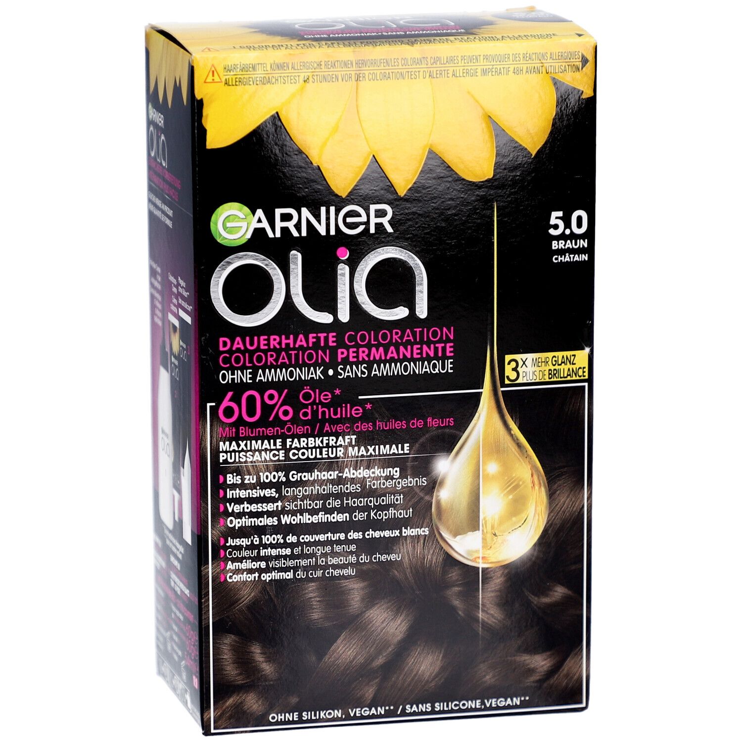 Garnier Olia 5.0 Châtain. Zwarte verpakking met zonnebloem. Productinformatie en bloemenolie.