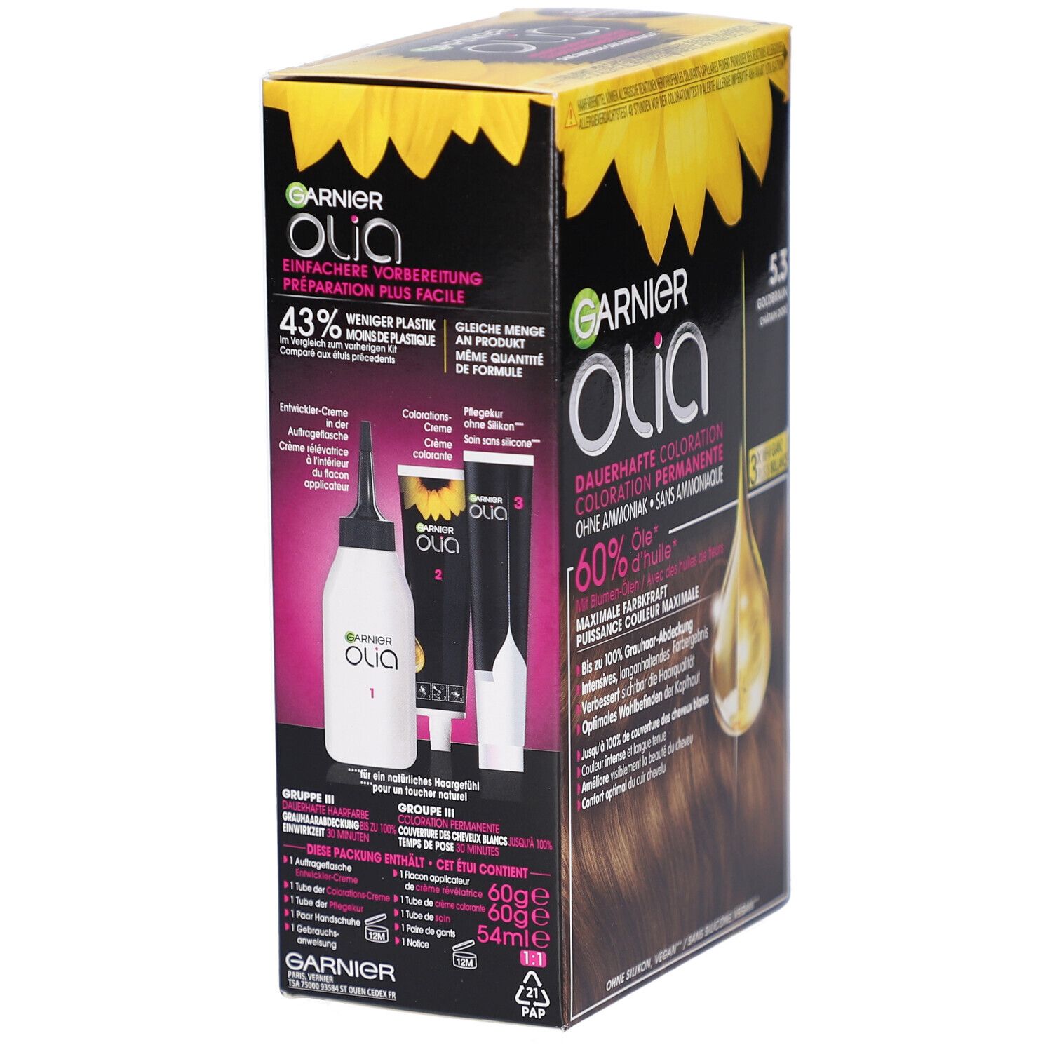 Garnier Olia permanente kleuring 5.3. Verpakking met productcomponenten. Bevat applicatorfles en crème.