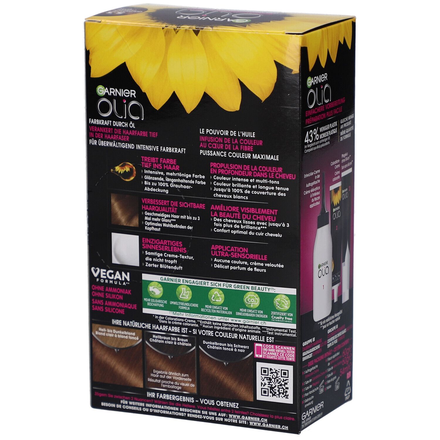 Garnier Olia permanente kleuring 5.3. Achterkant van de verpakking met productinformatie en ingrediënten.