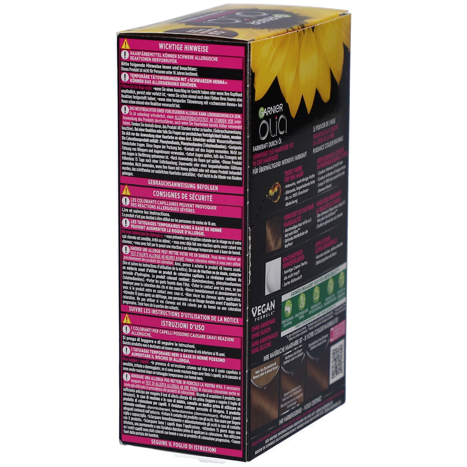 Garnier Olia permanente kleuring 5.3. Verpakking met veiligheidsinstructies en gebruiksaanwijzing.