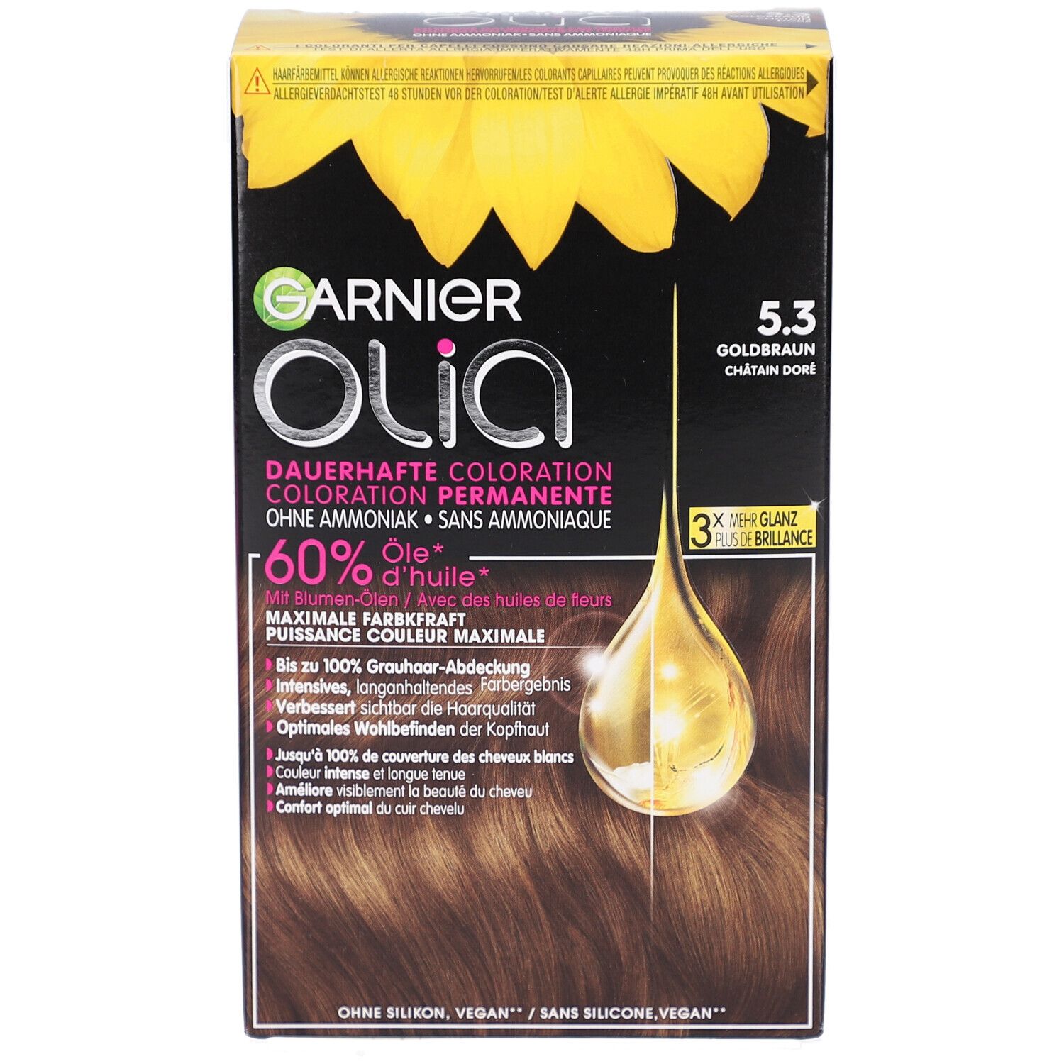 Garnier Olia permanente kleuring 5.3. Doos met productafbeelding en informatie. Bevat 60% olie.