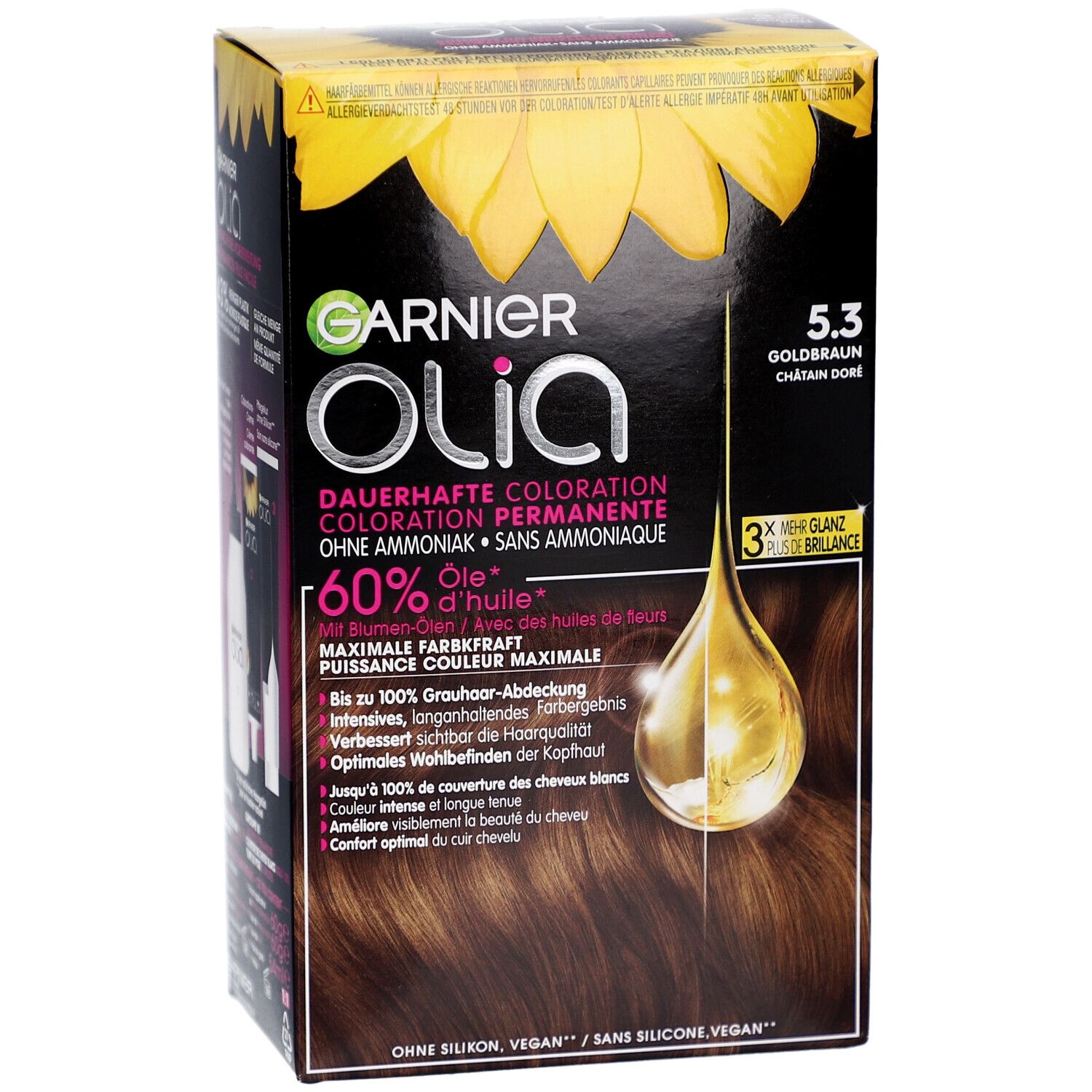 Garnier Olia permanente kleuring 5.3. Doos met productafbeelding en informatie. Bevat 60% olie.