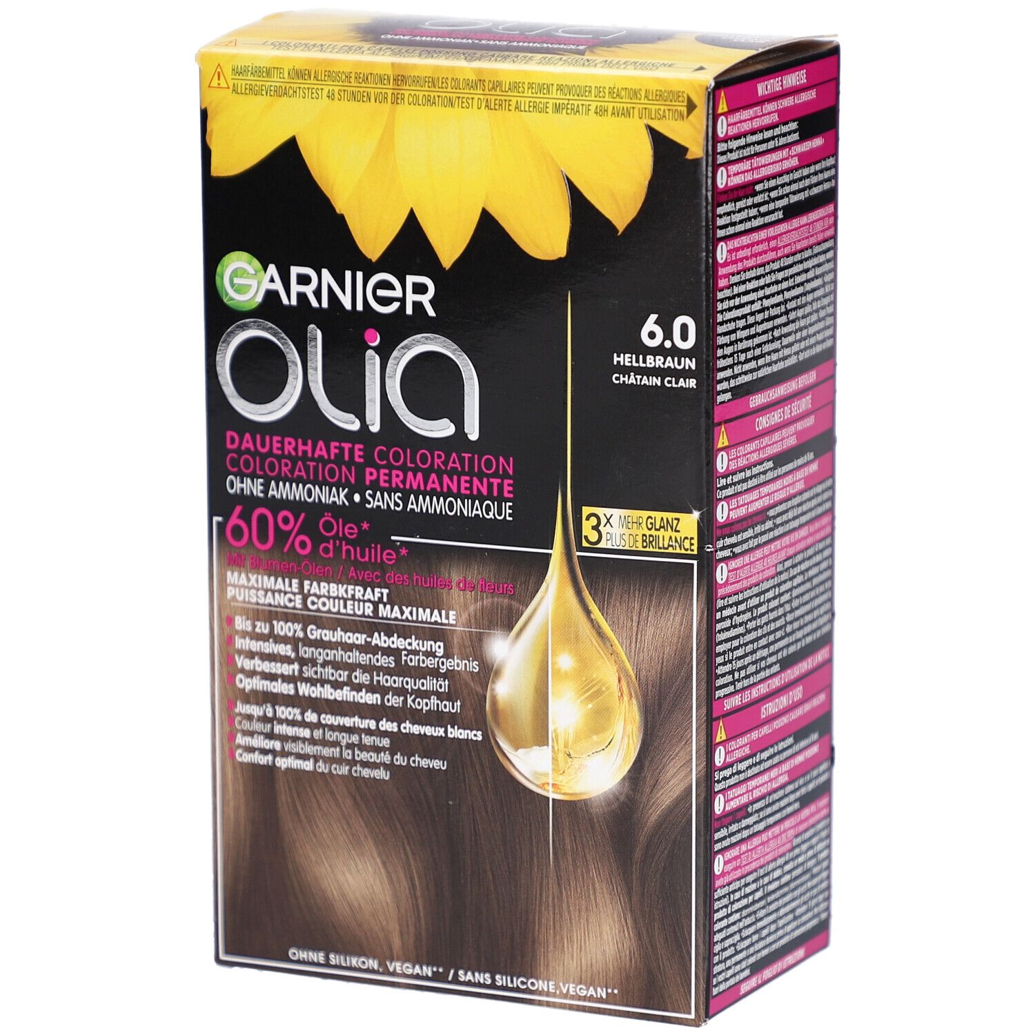 Garnier Olia 6.0 Lichtbruin. Verpakking met productafbeelding en zonnebloem. Bevat tekst en productkenmerken.
