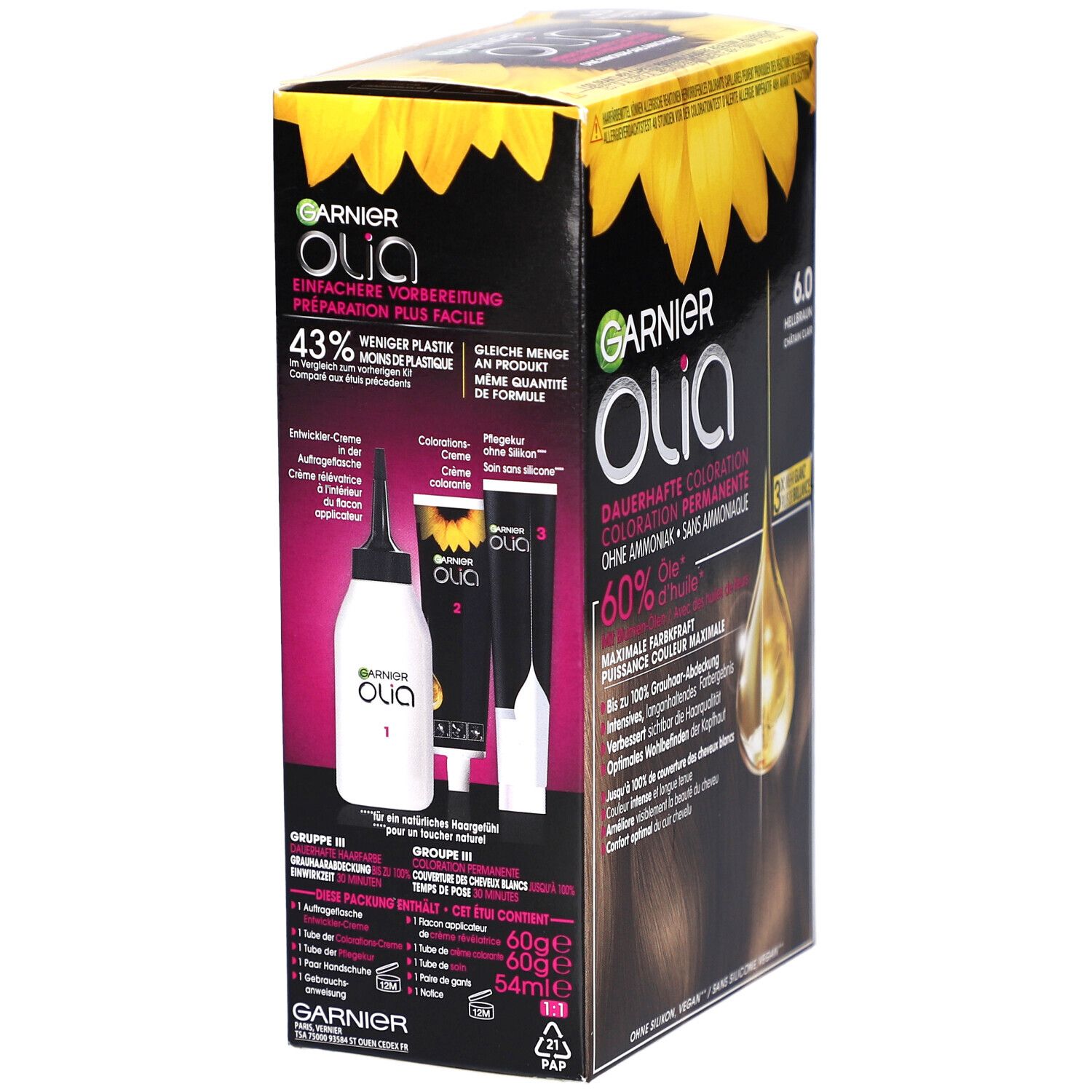 Garnier Olia verpakking. Toont inhoud: applicatorfles, ontwikkelcrème, kleuringcrème. Tekst met informatie.