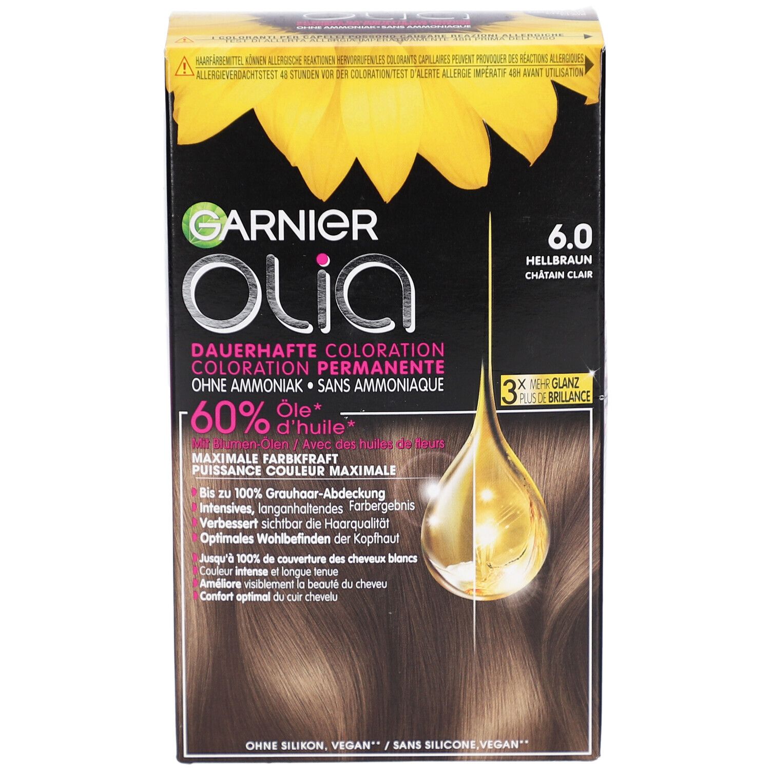 Garnier Olia 6.0 Lichtbruin. Verpakking met productafbeelding en zonnebloem. Bevat tekst en productkenmerken.