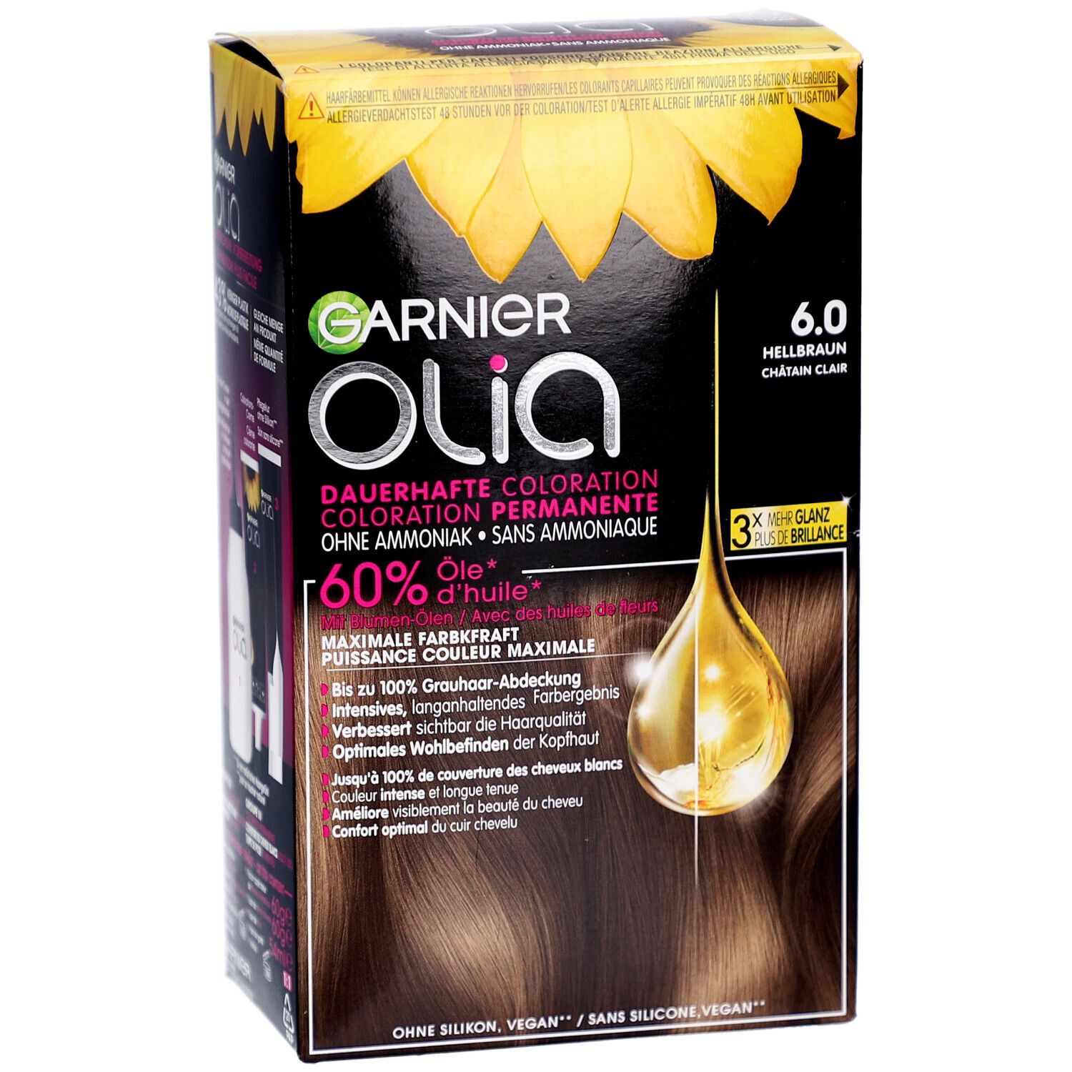 Garnier Olia 6.0 Lichtbruin. Verpakking met productafbeelding en zonnebloem. Bevat tekst en productkenmerken.