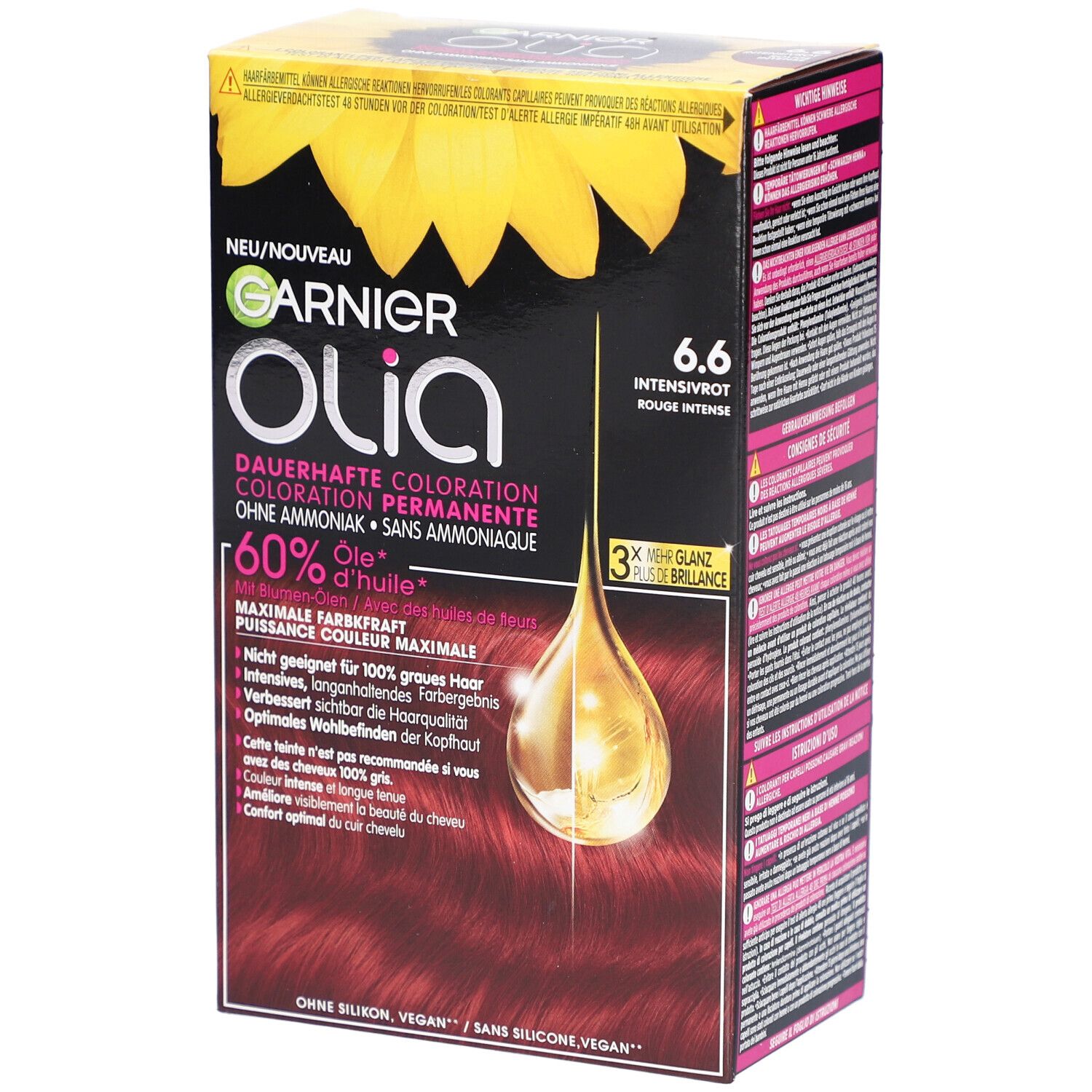 Garnier Olia permanente kleuring 6.6 Intens Rood. Doos met productinformatie en zonnebloemontwerp. 60% olie.