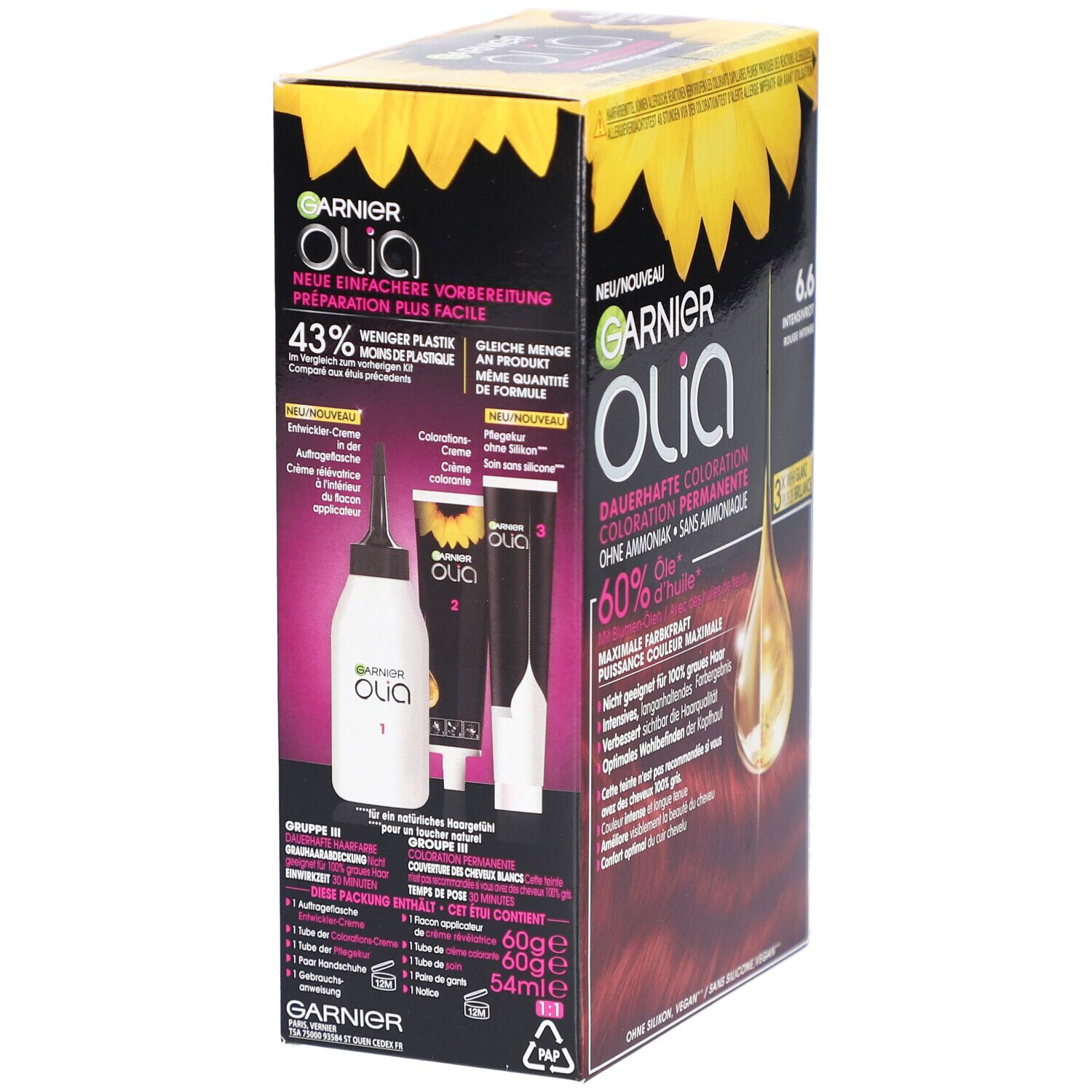 Garnier Olia kleuring verpakking. Bevat applicatorfles, crèmetubes en instructies. 43% minder plastic.