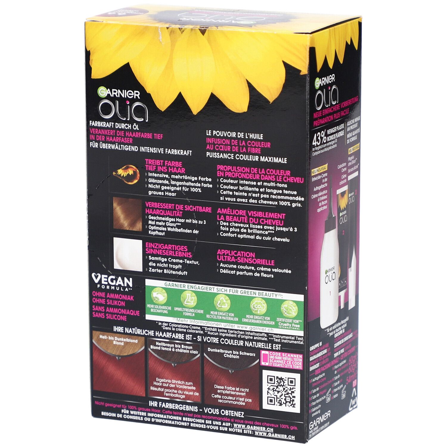 Achterkant van de Garnier Olia kleuring verpakking. Bevat productinformatie, toepassingsvoorbeelden en ingrediënten.