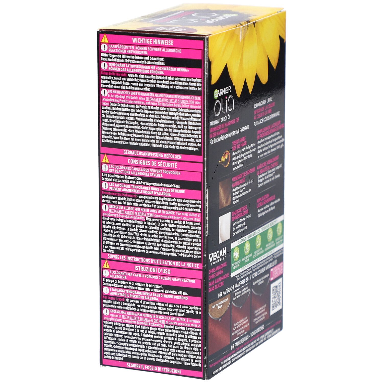 Garnier Olia kleuring verpakking. Bevat belangrijke informatie en veiligheidsvoorschriften in meerdere talen.