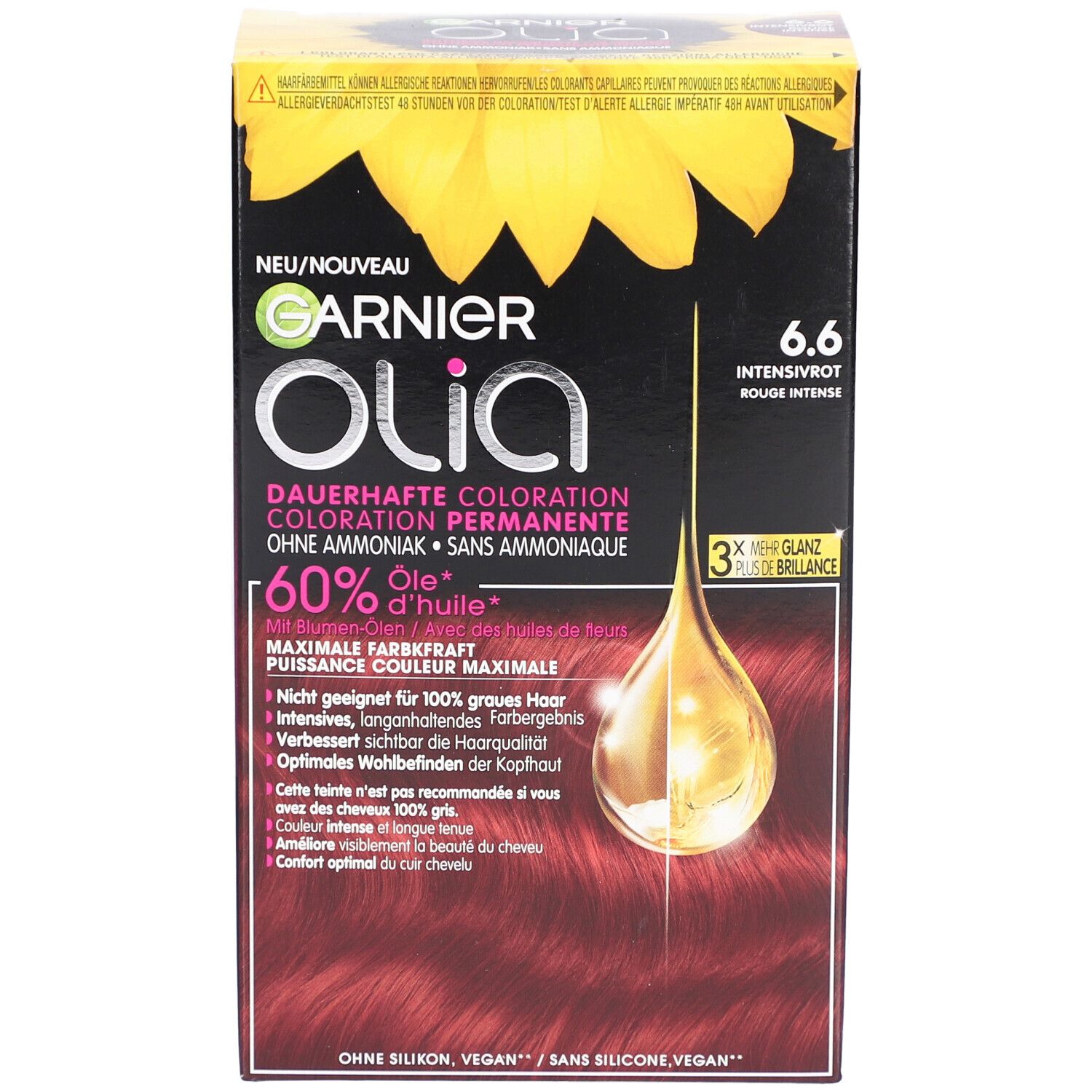 Garnier Olia permanente kleuring 6.6 Intens Rood. Doos met productinformatie en zonnebloemontwerp. 60% olie.
