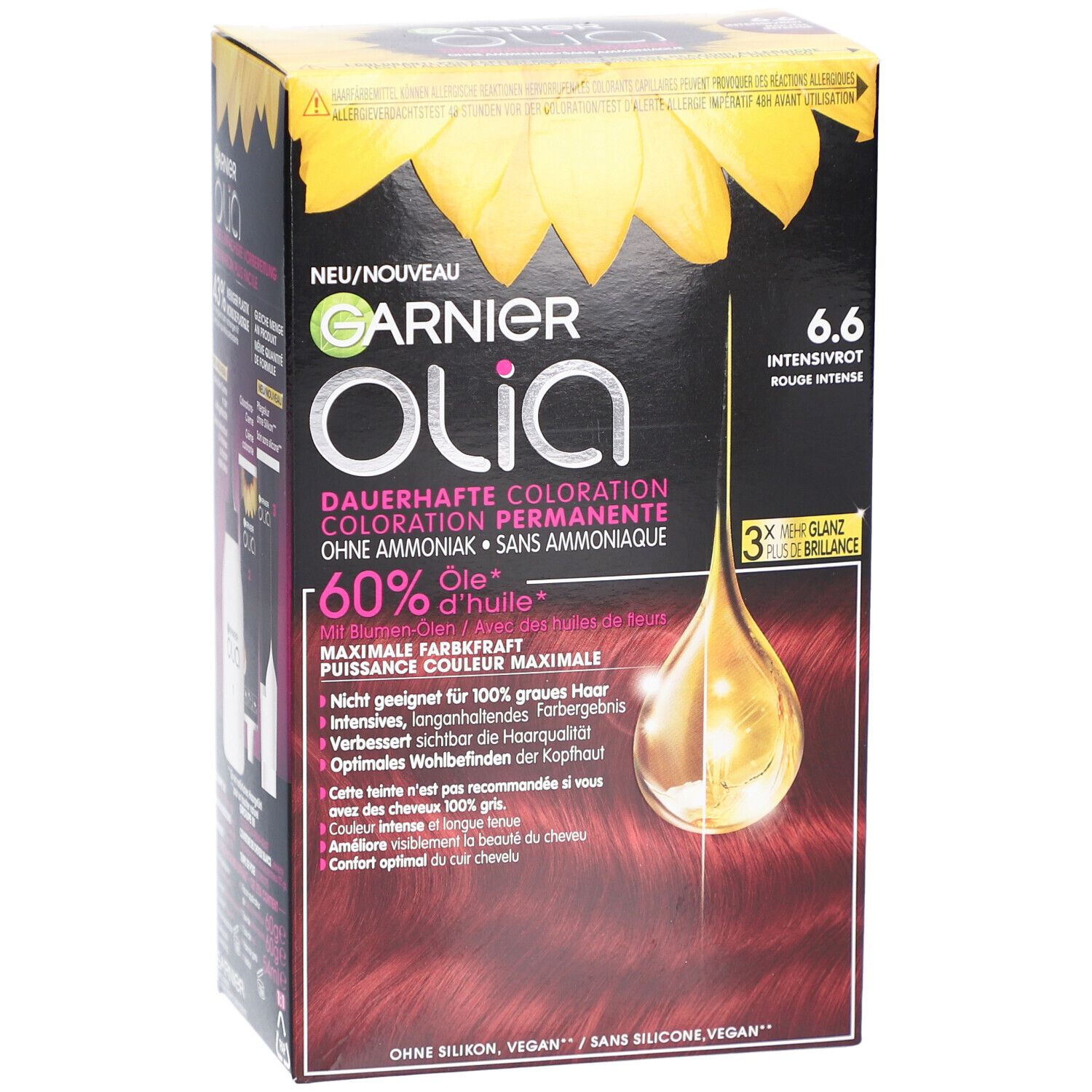 Garnier Olia permanente kleuring 6.6 Intens Rood. Doos met productinformatie en zonnebloemontwerp. 60% olie.