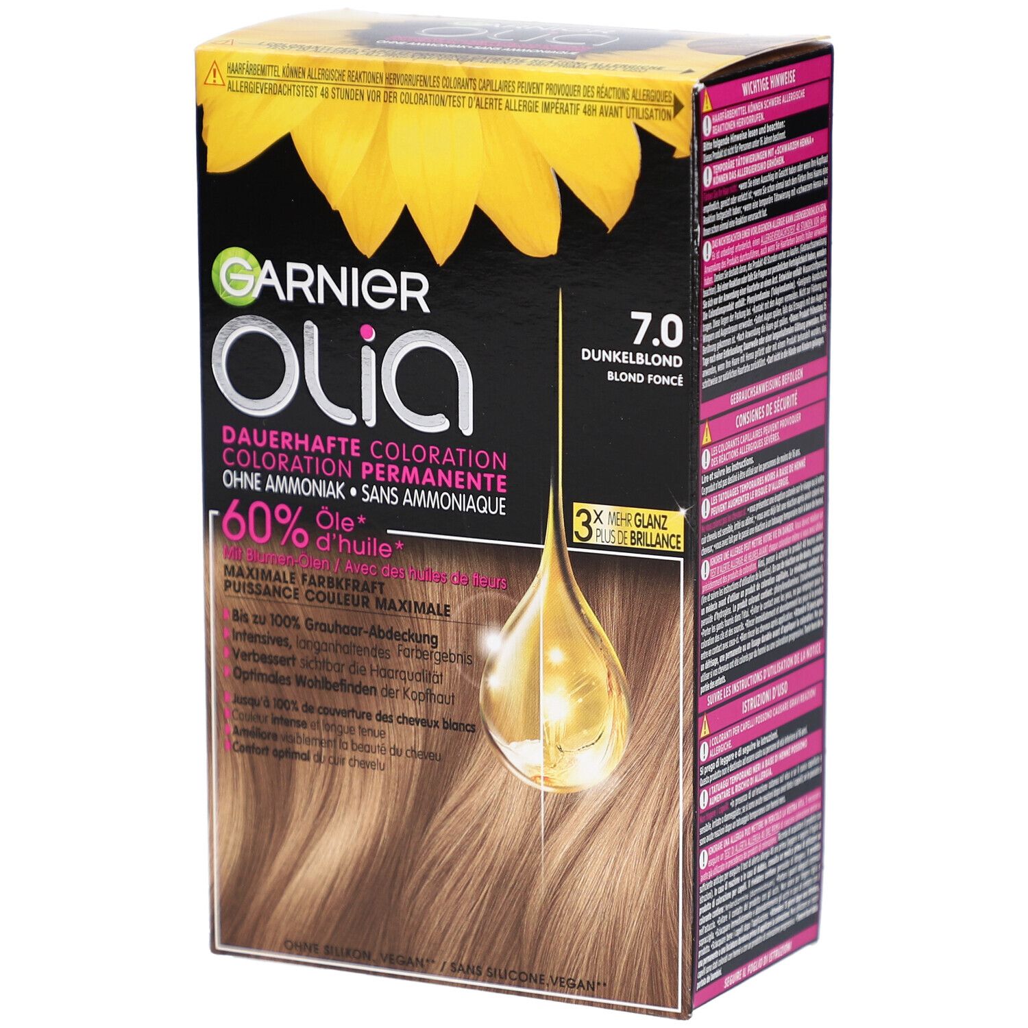 Doos Garnier Olia haarverf 7.0 Donkerblond. Zonnebloemontwerp, productinfo en merklogo.