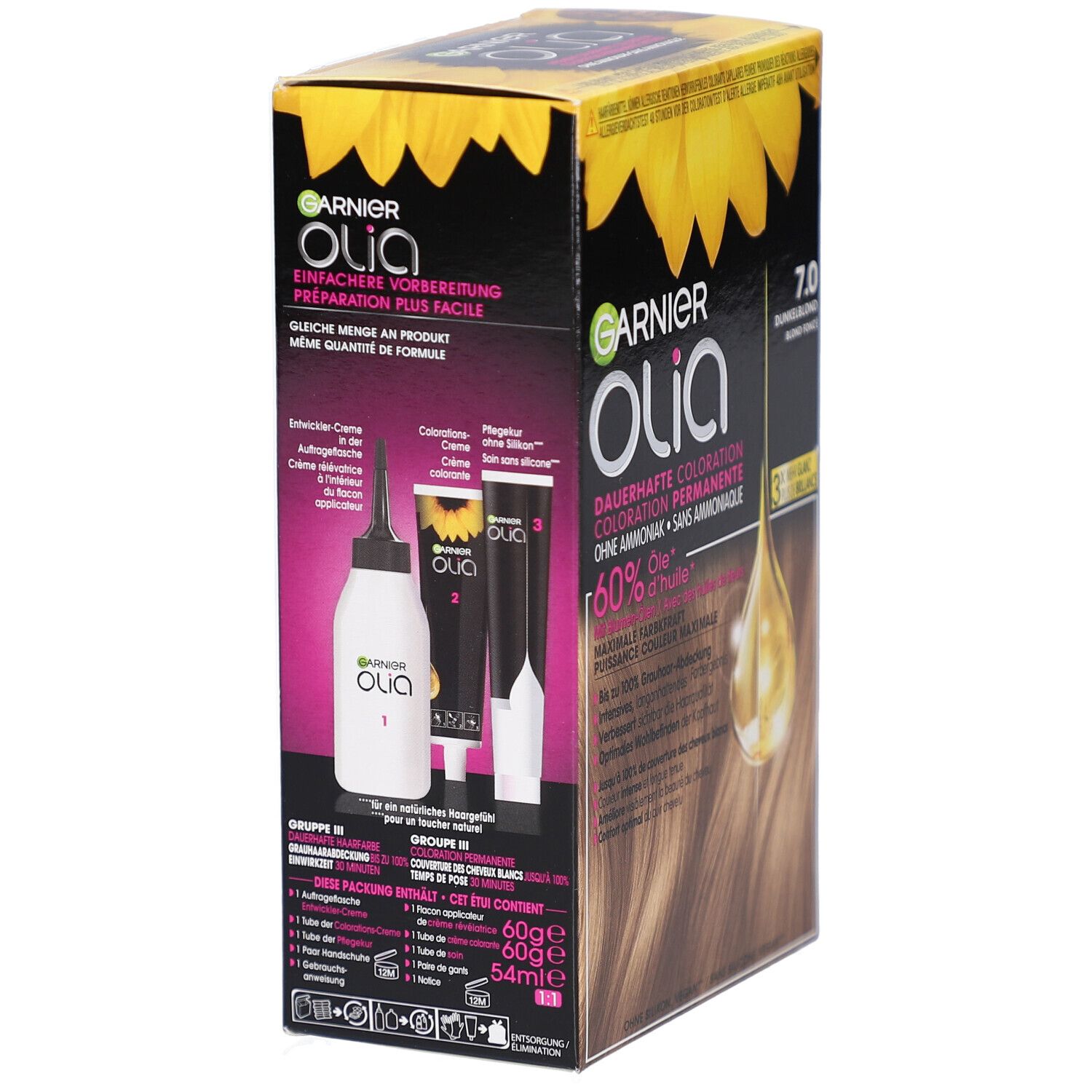 Achterkant Garnier Olia verpakking. Toont applicatie accessoires: fles, applicator, tubes. Meertalige tekst.