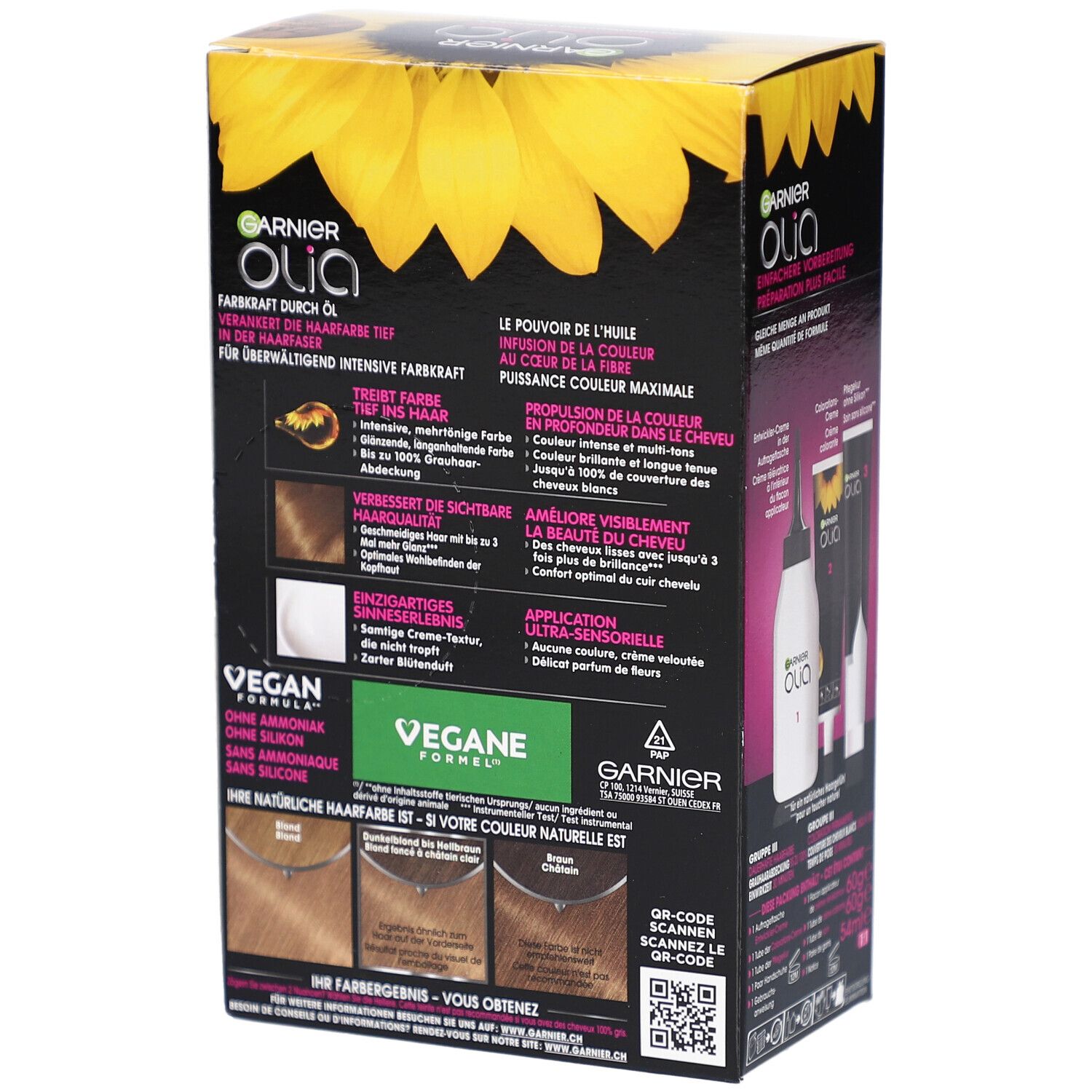Achterkant Garnier Olia verpakking. Tekst over ingrediënten, voordelen en gebruik. Vegan label.