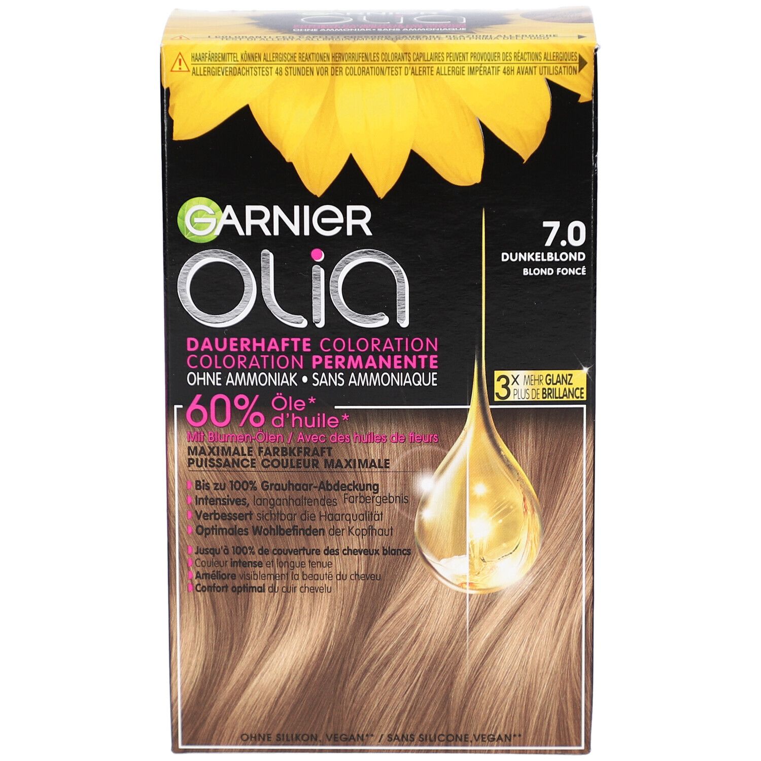 Garnier Olia verpakking, voorkant. 7.0 Donkerblond, zonnebloemontwerp, productinfo en logo.