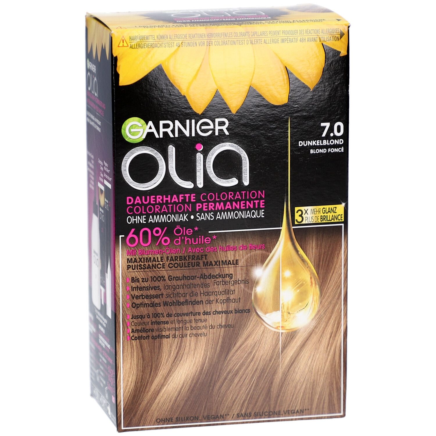 Garnier Olia verpakking, voorkant. 7.0 Donkerblond, zonnebloemontwerp, productinfo en logo.