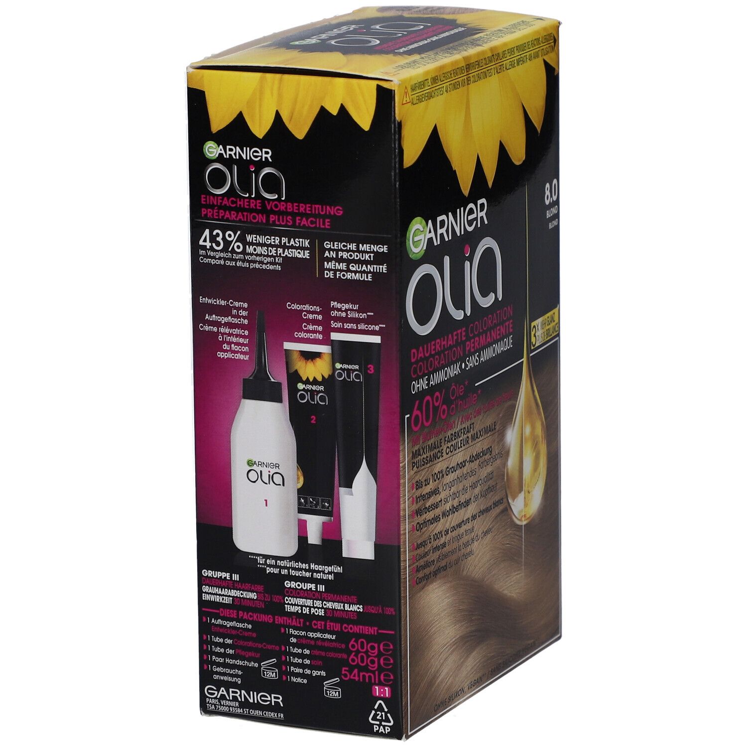 Garnier Olia haarkleurverpakking. Bevat fles, applicator, crème. 43% minder plastic. Productinfo.